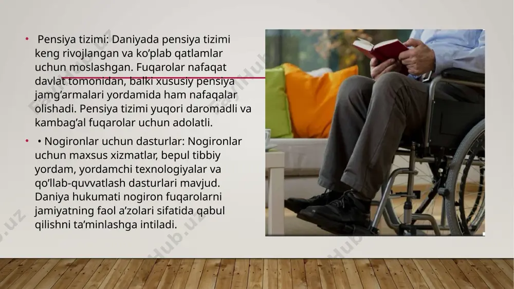 ishga katta ahamiyat beriladi. daniyada ijtimoiy siyosat — davlatning fuqarolarining farovonligini ta’minlash, tenglikni kuchaytirish va ijtimoiy adolatni ta’minlash uchun amalga oshiriladigan turli siyosatlar va dasturlar to’plamidir. daniya, umumiy ravishda, ijtimoiy davlat modelini qo’llab-quvvatlaydi va bu mamlakatda ijtimoiy xavfsizlik tizimi dunyo miqyosida eng rivojlangan va samarali tizimlardan biri sifatida tanilgan. daniya ijtimoiy siyosatining asosiy yo’nalishlari ta’lim, sog’liqni saqlash, mehnat bozorini tartibga solish, ijtimoiy yordam va ekologik barqarorlikni qo’llab-quvvatlashga qaratilgan. xulosa o’rnida shuni aytish joizki, daniya ijtimoiy siyosati ijtimoiy adolatni, tenglikni, sog’liqni saqlashni, ta’limni va ekologik barqarorlikni ta’minlashga qaratilgan kompleks yondashuvdan iborat. daniya hukumatining yuqori darajadagi ijtimoiy yordam tizimi, barcha fuqarolar uchun teng imkoniyatlar yaratish va kambag’allikni kamaytirish bo’yicha amalga oshirgan siyosatlari dunyo miqyosida yuqori baholanadi. bu, o’z navbatida, daniyadagi fuqarolarning farovonligini va jamiyatdagi barqarorlikni ta’minlashga yordam beradi. image2.png image3.png image4.png image5.png image6.png image7.png image1.jpg /docprops/thumbnail.jpeg