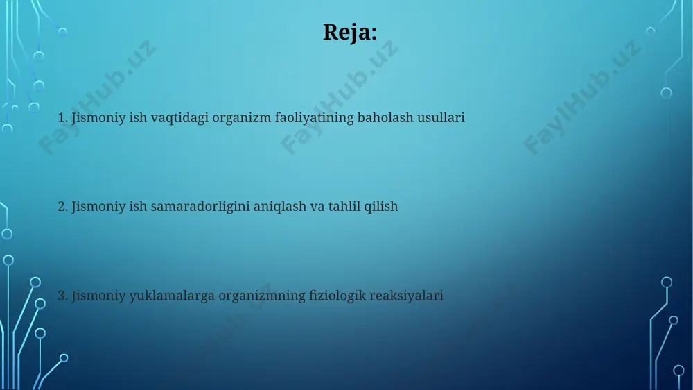 ekq) yurak ritmini va elektr faolligini baholashda muhim ahamiyatga ega bo'lib, yurak urish tezligining 120 urish/minutdan oshishi jismoniy yuklamaning yuqori darajasidan dalolat beradi. laktat analizatorlari qon plazmasidagi laktat miqdorini aniqlash imkonini beradi; 4 mmol/l dan yuqori laktat darajasi anaerob metabolizmning faollashuvini va jismoniy charchashni ko'rsatadi. tavsiyalar va xulosalar funksional tekshiruvlar natijalariga ko'ra, 60% dan ortiq ko'rsatkichlar me'yordan yuqori bo'lsa, jismoniy yuklamani kamaytirish va tiklanish choralari tavsiya etiladi. organizmning funktsional holatini baholashda, maksimal nafas olish hajmi va ventilyatsion koeffitsiyent kabi ko'rsatkichlarning tahlili muhim ahamiyatga ega bo'lib, ularning 80% dan past bo'lishi sog'liqni saqlash muammolarini ko'rsatishi mumkin. jismoniy ish vaqtidagi fiziologik ko'rsatkichlarni o'lchash usullari jismoniy yuklama paytida yurak urish tezligini (yut) o'lchash uchun ekg, pulsoksimetriya yoki oddiy puls hisoblagichlardan foydalaniladi, yut 180 ur/min dan oshishi jismoniy chidamlilik chegarasining yaqinlashuvini ko'rsatishi mumkin. nafas olish chastotasi va nafas hajmini spirometriya yordamida o'lchash, maksimal kislorod iste'moli (vo2 max) ni hisoblash orqali organizmning kislorod bilan ta'minlanishini …