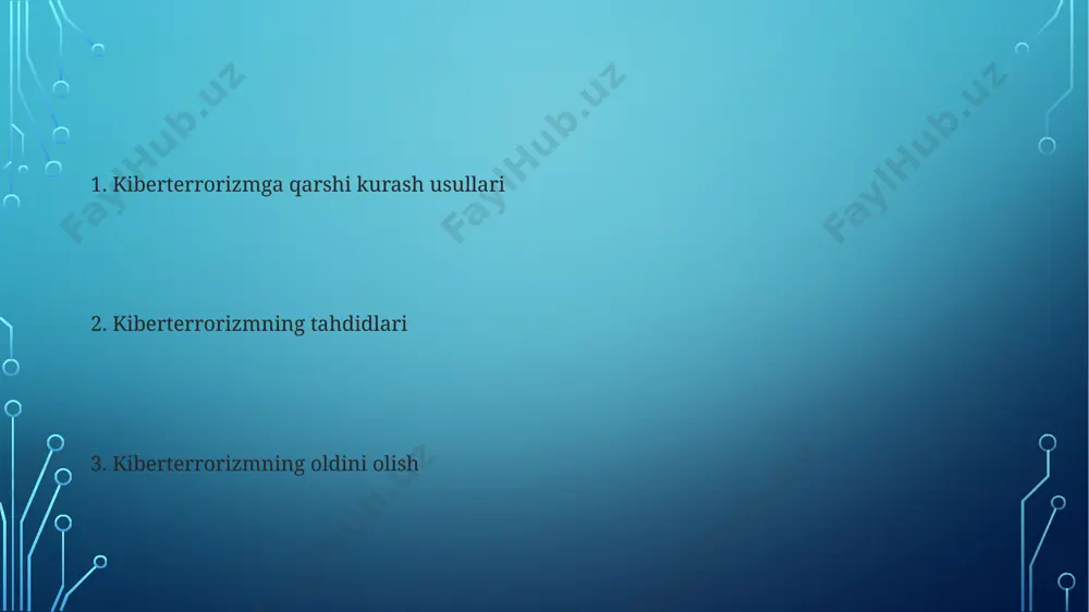 lar ma'lumotlarini himoya qilish tizimlariga katta tahdid soladi. sun'iy intellekt va mashinani o'rganish texnologiyalaridan foydalangan holda avtomatlashtirilgan kiberterrorizm hujumlarining murakkabligi va tezligi 10 baravar ortadi, bu esa mudofaa qilishni qiyinlashtiradi. zararlanish darajasi kiberterroristik hujumlar natijasida shaxsiy ma'lumotlarning o'g'irlanishi, 10 minglab odamlarning shaxsiy ma'lumotlari buzilishi va identifikatsiya o'g'irlanishi kabi jiddiy oqibatlarga olib kelishi mumkin. kiberterrorizmning zararli ta'siri global miqyosda yillik 600 milliard dollardan ortiq iqtisodiy zarar keltiradi, bu esa milliy xavfsizlik va infratuzilmaga jiddiy tahdid soladi. xalqaro hamkorlik кибертерроризмга қарши курашда 190 дан ортиқ давлатнинг иштироки билан глобал ҳамкорлик ташкилотларининг роли муҳим аҳамиятга эга бўлиб, маълумот алмашиш ва қўшма операцияларни амалга оширишга имкон беради. халқаро ҳамкорлик доирасида кибержинниётчиларни аниқлаш ва уларни судга тортиш бўйича қонунчилик базасини яратишга қаратилган 20 дан ортиқ халқаро шартнома мавжуд бўлиб, бу жиноятчиликка қарши курашни кучайтиради. kiberterrorizm turlari energetika tarmoqlariga qarshi kiberhujumlar, elektr ta'minotini uzib, 2 million kishidan ortiq aholiga ta'sir qiluvchi katta miqyosdagi uzilishlarga olib kelishi …