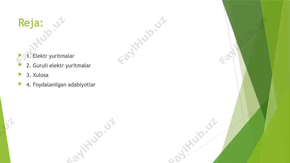 rilgan elektr yuritmalar tomonidan iste’mol qilinmoqda. sanoat, qishloq xo‘jaligi, kommunal va boshqa tarmoqlaming barcha sohalarida, turli mashina va mexanizmlar hamda qurilmalardan keng foydalaniladi. har qanday mexanik jarayonni amalga oshirish uchun mexanizm va mashinaning ish organini harakatga keltirish darkor. bu esa yuritma vositasida amalga oshiriladi, xususan, elektr energiya mexanik energiyaga aylantiriladi. yuritma energiyani ma’lum yo‘naltirilgan maqsadda o‘zgartirishi kerak. shuning uchun uning tarkibiga bu funksiyalarni amalga oshiruvchi qurilmalar va boshqaruv vositalari kiritilishi darkor. bu maqsadga elektr yuritma yordamida avtomatik boshqaruv asosida erishiladi. foydalanilgan adabiyotlar: 1. ibragimov u. elektr mashinalari. kasb-hunar kollejlari uchun. - т.: « 0 ‘qituvchi». 2001. 2. ковчин с. а., сабинин ю. а. теория электропривода. «энергоатомиздат». спб., 2000. image1.png image2.png image3.jpeg /docprops/thumbnail.jpeg