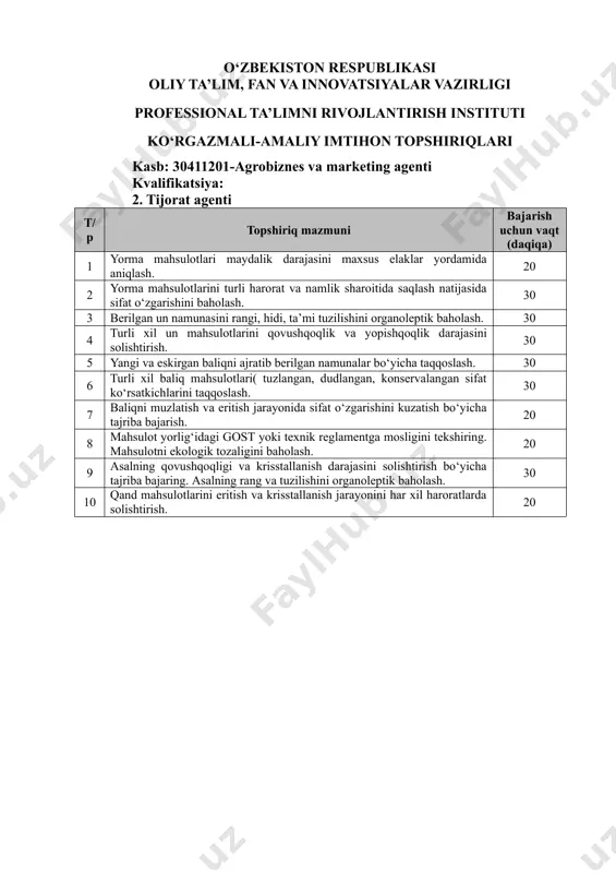 kuzatish bo‘yicha tajriba bajarish. 20 8 mahsulot yorlig‘idagi gost yoki texnik reglamentga mosligini tekshiring. mahsulotni ekologik tozaligini baholash. 20 9 asalning qovushqoqligi va krisstallanish darajasini solishtirish bo‘yicha tajriba bajaring. asalning rang va tuzilishini organoleptik baholash. 30 10 qand mahsulotlarini eritish va krisstallanish jarayonini har xil haroratlarda solishtirish. 20 o‘zbekiston respublikasi oliy ta’lim, fan va innovatsiyalar vazirligi professional ta’limni rivojlantirish instituti ko‘rgazmali-amaliy imtihon topshiriqlari kasb: 30411201-agrobiznes va marketing аgеnti kvalifikatsiya: 3. ta’minot agenti т/р topshiriq mazmuni bajarish uchun vaqt (daqiqa) 1 ta’minot jarayonida yuzaga keladigan asosiy mummolarni aniqlang va ularni bartaraf etish bo‘yicha takliflar berish. 20 2 internet do‘kon yoki mahaliy savdo markazining mahsulot yetkazib berish tizimini tahlil qilish. 20 3 birorta ishlab chiqarish yoki savdo korxonasida mahsulot zahxiralarining boshqarilishi qanday tashkil etilganini o‘rganish. 30 4 korxona uchun eng mos yetkazib beruvchini tanlash mezonlarini ishlab chiqish. 20 5 ta’minot zanjirida yuzaga kelishi mumkin bo‘lgan xavflarni (yetkazib berish xom ashyo yetishmovchiligi, transport …