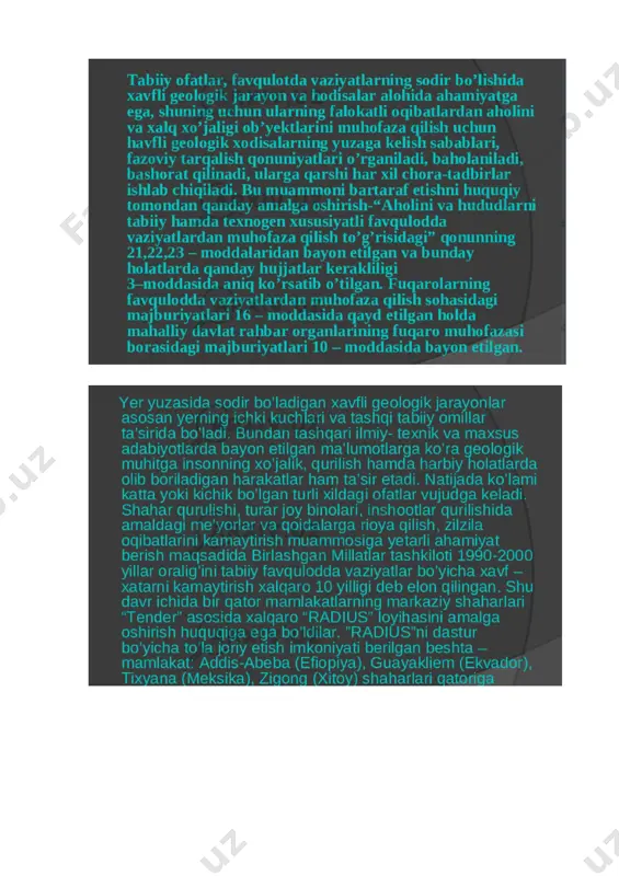 favqulodda vaziyatlarning oldini olish va ularni bartaraf etish bo‘yicha tadbirlar majmui, vositalar hamda usullar tizimi; favqulodda vaziyatlarning oldini olish — oldindan o‘tkaziladigan hamda favqulodda vaziyatlar ro‘y berishi xavfini imkon qadar kamaytirishga, bunday vaziyatlar ro‘y bergan taqdirda esa — odamlarning hayotini asrab qolishga va sog‘lig‘ini saqlashga, atrof tabiiy muhitga yetkaziladigan zarar va moddiy talafotlar miqdorlarini kamaytirishga qaratilgan tadbirlar majmui; 2-bob. fvdtning asosiy maqsadi va vazifalari 5. fvdtning asosiy maqsadi favqulodda vaziyatlardan muhofaza qilish sohasida vakolatlarga ega bo‘lgan yoki ushbu sohada majburiyatlar yuklangan respublika va mahalliy ijro etuvchi hokimiyat organlari hamda boshqa tashkilotlar tomonidan tinchlik va alohida davrda favqulodda vaziyatlarning oldini olish va bartaraf etish tadbirlari samarali tashkil etilishi va amalga oshirilishini ta’minlashdan iborat. 6. quyidagilar fvdtning asosiy vazifalari hisoblanadi: tinchlik va alohida davrda aholini va hududlarni favqulodda vaziyatlardan muhofaza qilish sohasida davlat siyosatini amalga oshirish, normativ-huquqiy hujjatlarni ishlab chiqish va ijrosini ta’minlash; respublika hududida ro‘y berishi mumkin bo‘lgan favqulodda vaziyatlarni prognoz …