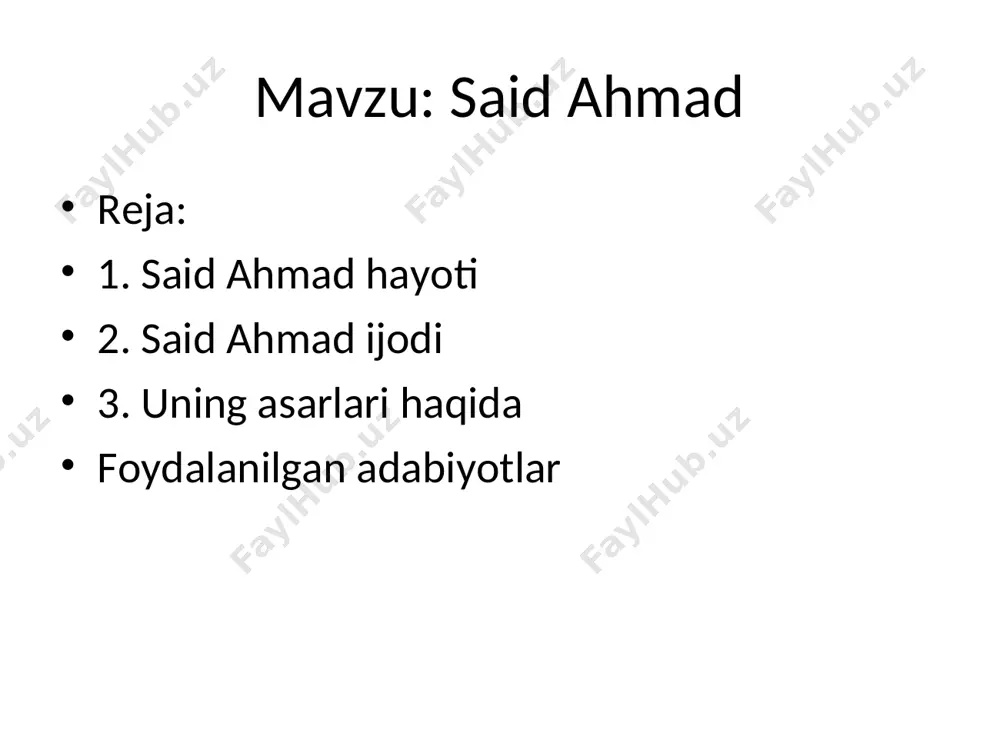 a e’tibor berganligi uchun ham bitganlari zavq bilan o’qiladi va u prozaning shoiri hisoblanadi. uning hikoyalari «tortiq» (1940) «er yurak» (1942) «xazina» «farg’ona hikoyalari» (1948) «muhabbat» (1949) «hayqiriq» «rahmat azizlarim» yozuvchi hajviy hikoyalar yaratish bo’yicha qahhor an’analarini davom ettirgan ijodkordir. uning «sobiq», «qoplon», «o’rik domla», «mening do’stim babbaev», «muzey», «bo’ri ovi», «xandonpista» kabi ko’plab hajviyalarida inson tabiatidagi qusurlar badiiy tadqiq etiladi. uning asarlari «cho‘l burguti» «o’rik domla» «bo‘ston» «lochin» «odam va bo‘ri» «to‘y boshi» «rahmat azizlarim» «tog‘ afsonasi» «zumrad» «muhabbatning tug’ilishi» «ko‘zlaringda o‘t bor edi» «poyqadam» «alla» «iqbol chiroqlari» said ahmad hajviy so’z jilolarini nozik payqaydi va undan mohirona foydalanadi. said ahmad nasrning deyarli barcha janrlarida qalam tebratadi. uning qishloq mavzusidagi «qadrdon dalalar» (1949), «hukm» (1958) qissalari, chalkash insoniy taqdirlar mahorat bilan aks ettirilgan «qirq besh kun» (1974) «hijron kunlari» (1964), «ufq bo’sag’asida» (1969) romanlaridan iborat «ufq» trilogiyasi, inson qismati turg’unlik davri qabohatlari fonida tasvirlangan «jimjitlik» (1988) romani, bolalar hayoti …