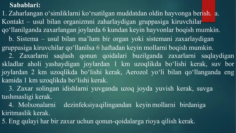 n. davolash – zaxarning tushishiga qarshi kurashish kerak. terida bo‘lsa mexanik usul bilan tozalaydi. agar qonga o‘tgan bo‘lsa antidototerapiya. 1. atropin sulfat – 0,1-1 % amp. yuboriladi, mayda mollarga 1 ml, katta mollarga – 3 ml. 2. dipiroksin. 3. fosfolitin. 4. tropatsin. bularni hayvon ahvoli yaxshi bo‘lgani qadar yuboriladi. vet.san ekspertiza. agar sutda, go‘shtda (qarash kerak necha ml/gr bor) 1chi 0,5 mg/kg bo‘lsa go‘shtda qaynatish yo‘li bilan, undan ko‘p bo‘lsa yo‘q qilinadi, sutda 0,01 mg/kg bo‘lsa qaynatish kerak. (1 soat davomiada xlorofos uchun). laboratoriyaga hayvon o‘ligi yuboriladi, katta hayvonlar bo‘lsa ularning organlaridan olib yuboriladi. topshiriq: quyon umumiy holati, nafas olish, yurak qisqarishi soni, tana harorati, terlash, perestaltikasi, ko‘z qorachig‘i holati tekshiriladi. so‘ngra quyon terisi ostiga 10%-li karbofos eritmasidan 0,2ml dozada yuboriladi. 10-15minut o‘tgach quyonni bezovtalanishi, og‘zidan so‘lak, ko‘zidan yosh oqishi, terlashi, perestaltikasining kuchayishi tezak va siydik chiqarishi nafas olishining tezlanishi, yurak urushining tezlashishi, ko‘z qorachig‘ining qisqarishi kuzatiladi. so‘ngra quyon zaharlanish …
