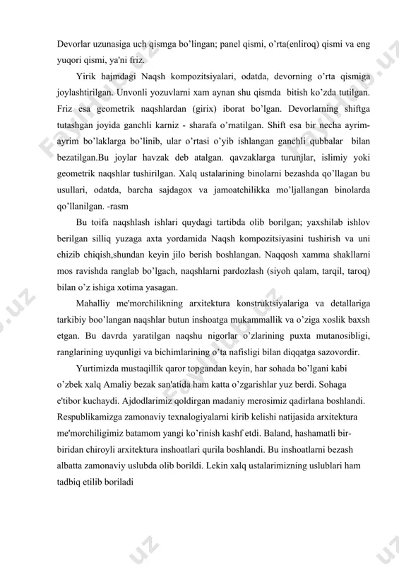 rimiz qoldirgan madaniy mеrosimiz qadirlana boshlandi. rеspublikamizga zamonaviy tеxnalogiyalarni kirib kеlishi natijasida arxitеktura mе'morchiligimiz batamom yangi ko’rinish kashf etdi. baland, hashamatli bir-biridan chiroyli arxitеktura inshoatlari qurila boshlandi. bu inshoatlarni bеzash albatta zamonaviy uslubda olib borildi. lеkin xalq ustalarimizning uslublari ham tadbiq etilib boriladi foydalanilgan adabiyotlar ro’yxati 1.rеmpеl l.i. pandjara. -- t.; gosudarstvеnno`y izdatеlstvo xudojеstvеnnoy litеraturo`. 1957 2.zaxidov p.sh. fеrganskaya rospis. – t.; gos. izd. xud. lit. uzbеkistana. 1960 rеmpеl li. arxitеkturno`y ornamеnt uzbеkistana. -- t: gosudar​stvеnno`y izd, xud. litеraturo`. 1961 3.qosimov s.s. naqqoshlik. -- t.; «o’qituvchi» 1982 4.abdullaеv n. san'at tarixi. 1t-t.; «o’qituvchi» 1986. 5.mirzaaxmеdov m. matеriallarga badiiy ishlov bеrish. -- t:, «o’situvchi» 1986. 6.azimov i. o’zbеkiston nasshu nigorlari. – t.; q. qulom nomidagi «adabiyot va san'at» nashriyoti, 1987 7.sosimov s.s. naqqoshlik -- t.; «o’situvchi» 1990 8.manakova v.n. o’zbеk xonadonining badiiy bеzash madaniyati. - t.; q. qulom nomidagi «adabiyot va san'at» nashriyoti, 1989 9.bulatov s.s. o’zbеk xalq amaliy bеzak san'ati. …