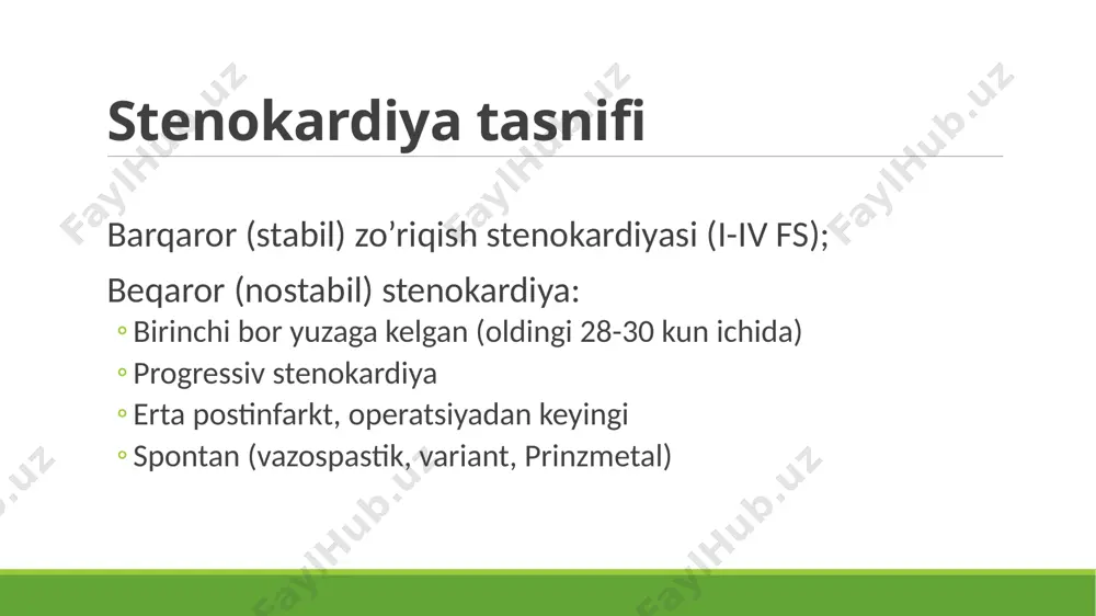 ning sezilarli gipertrofiyasi bo’lgan bemorlarda ham yuz berishi mumkin. stenokardiya xuruji odatda 1 dan 15 daqiqagacha davom etadi. u zo’riqish bartaraf etilganida yoki qisqa ta’sirli nitratlar qabul qilinganda (til ostiga nitroglitserin) yo’qoladi. stenokardiyani tashxislash laboratoriya sinovlari laboratoriya tekshiruvlari miokard ishemiyasi sabablarini aniqlashga yordam beradi. umumiy qon tahlili. umumiy qon tahlili natijalarining o’zgarishi (gemoglobin darajasining pasayishi, leykotsitlar formulaning siljishi va boshqalar) miokard ishemiyasini provokatsiya qiladigan kasalliklarni (anemiya, eritremiya, leykemiya va boshqalarni) aniqlash imkonini beradi. miokard shikastlanishining biokimyoviy markerlarini aniqlash. beqarorlikning klinik ko’rinishlari mavjudligida qonda troponin yoki kreatinfosfokinazning mv-fraktsiyasi darajasini aniqlash kerak. bu ko’rsatkichlar darajasining ortishi barqaror stenokradiya emas, balki o’tkir koronar sindromning mavjudligini ko’rsatadi. qonning biokimyoviy tahlili. stenokardiya bilan og’rigan barcha bemorlarga yurak-tomir xavfini va tuzatishlar kiritish kerakligini baholash uchun lipid profilni tekshirish kerak (umumiy xolesterin, yzlp, pzlp va triglitserid darajasi ko’rsatkichlarini). shuningdek, buyrak funktsiyasini baholash uchun kreatinin darajasi aniqlanadi. glikemiyani baholash. hamrohlik qiluvchi patologiya sifatida qandli diabetni aniqlash uchun stenokardiyada …