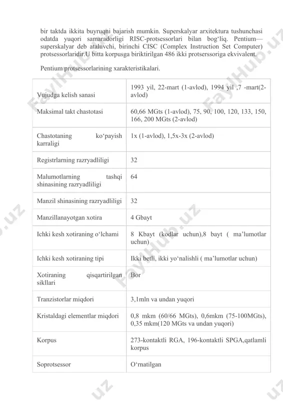 a ishlaydi. real rejimda 8086 protsessoriga ekvivalent va obekt kodi bo‘yicha 8086 va 8088 protsessorlari bilan moslashuvchan. bu, ular uchun mo‘ljallangan dasturlarni va buyruqlarni modifikatsiyasiz bajara olishini bildiradi . 286 protsessori himoyalangan rejimda butunlay boshqa rusumga aylanadi. agar bajaralayotgan dastur, uning yangi imkoniyatlarini e’tiborga olib yozilgan bo‘lsa, protsessor 16 мbayt real xotiradan manzillay olishi mumkin bo‘lsa ham, u 1 gbayt virtual xotiraga ega bo‘lishi mumkin. 286 ko‘zga ko‘rinarli kamchiligi oldindan apparatli sbros (tushirish ) ya’ni, kompyuterni issiq qayta yuklanishini amalga oshirmasdan himoyalangan rejimdan real rejimga o‘ta olmaydi. real rejimdan himoyalangan rejimga sbrossiz o‘ta oladi. shuning uchun, 386 protsessorining asosiy ustunligi uning real rejimdan himoyalangan rejimga va aksincha, dasturiy ulanmasdan o‘ta olishidadir. pentium protsessorlari. 1992 yilning oktyabrida intel beshinchi avlodning moslashuvchan kompyuterlari ko‘pchilik o‘ylaganiday 586 emas, balki pentium deb atalishini e’lon qildi. 586 deb nomlanishi tabiy edi, biroq raqamli belgilashlar savdo markasi sifatida ro‘yxatga olinmaganligi uchun, ularning raqobatchilari ko‘payib ketar edi …