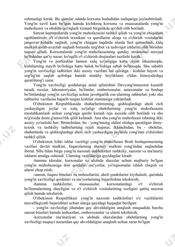 boriladi. yong'in muhofazasini tashkil qilish kasbiy va ixtiyoriy turlarga bo'linadi. kasbiy yong'in muhofazasi o'z navbatida, harbiylashtirilgan (yirik shahar va muhim obektlarga xizmat ko'rsatadi), harbiylashtirilmagan (tuman markazlari va yirik sanoat obektlariga xizmat ko'rsatadi) va tarmoq (ayrim birlashma va korxonalarga xizmat ko'rsatadi) turlariga bo'linadi. yirik sanoat korxonalarida kasbiy yong'in qismlari tashkil qilinadi. snip 11-8980 "sanoat korxonalarining bosh rejalari" ga asosan ishlab chiqarishning yong'in xavfi bo'yicha a, b va v toifalari uchun kasbiy yong'in qismlarining xizmat ko'rsatish radiusi 2 km dan oshmasligi kerak. bu qismlar odatda korxona hududidan tashqariga joylashtiriladi. yong'in xavfi kam bo'lgan hamda kichikroq korxona va muassasalarda yong'in muhofazasi va obektni qo'riqlash xizmati birgalikda qo'shib olib boriladi. sanoat korxonalarida yong'in muhofazasini tashkil qilish va yong'in chiqishini ogohlantirish: o't o'chirish texnikasi va qurollarini aloqa va o'chirish vositalarini jangovar holatda saqlash, yong'in chiqqan taqdirda ularda faol qatnashish, xalq mulkini asrab-avaylab saqlash borasida targ'ibot va tashviqot ishlarini olib borishni taqozo qiladi. korxonalarda yong'in muhofazasining …