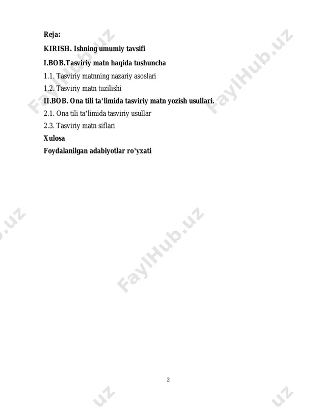 ilishi mumkin. masalan, gulning rangini, hidi, shakli va havo bilan qanday harakat qilayotganini tasvirlash. 2. emotsional izlanish: tasviriy matn ko’pincha biror his-tuyg’uni, kayfiyatni yoki ob’ektning tabiati orqali emotsiyalarni yaratishga yordam beradi. misol uchun, biror tabiat manzarasining go’zalligi odamda huzur va xotirjamlik tuyg’usini uyg’otishi mumkin. 4 3. ranglar va detallarning o’rni: ranglar va kichik detallarga katta ahamiyat beriladi. ranglar nafaqat vizual ko’rinishni tasvirlash uchun, balki kayfiyatni yoki mavzuni ifodalash uchun ishlatiladi. masalan, “qizil gullar” kayfiyatning issiq va jonli ekanini, “soya” esa sirli yoki xavfli bir muhitni ifodalashi mumkin. 4. ko’rsatilgan vaqt va joy: tasviriy matnda voqea yoki hodisa qaysi joyda va qanday sharoitda sodir bo’lganini tasvirlash muhimdir. bu o’quvchiga biror manzarani tasavvur qilishda yordam beradi. 5 i.bob. tasviriy matn haqida tushuncha. 1.1. tasviriy matnning nazariy asoslari. tasviriy matnning nazariy asoslari haqida ma’lumot berish juda qiziqarli mavzu bo’lib, u adabiyotshunoslik va tilshunoslikda alohida o’ringa ega. tasviriy matn, odatda, o’quvchiga muayyan bir manzarani …