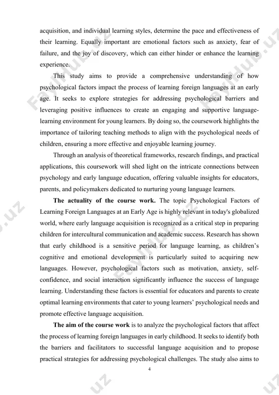 g the interaction between teaching methods, learning environments, and children’s psychological states. the practical value of the course work. this coursework provides actionable insights for educators, parents, and language instructors. by understanding the psychological factors that affect early language learning, teachers can adopt methods tailored to children’s cognitive and emotional needs, such as incorporating play-based learning, reducing anxiety, and fostering intrinsic motivation. the study highlights ways to create a positive and encouraging atmosphere that boosts children’s confidence and willingness to participate in language activities. it offers practical solutions for common challenges, such as managing language learning anxiety, building resilience, and improving memory retention in young learners. the findings can guide parents in providing effective support for their children’s language learning journey at home. the theoretical value of the course work. this coursework contributes to the theoretical understanding of the relationship between psychology and early language acquisition. by exploring the role …