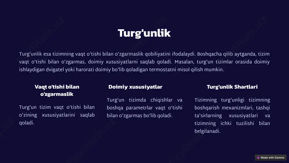 modellashtirish tizimning xatti-harakatlarini simulyatsiya qilish va modellashtirish yordamida turg'unlik holatini baholash mumkin. bu usullar tizimning vaqt o'tishi bilan o'zgarishini vizualizatsiya qilish imkonini beradi. barqarorlik va turg'unlikning amaldagi qo'llanilishi diskret tizimlarning barqarorligi va turg'unligi turli sohalarda keng qo'llaniladi. masalan, quyidagi sohalarda bu tushunchalar muhim ahamiyatga ega: avtomatlashtirilgan jarayonlar avtomatlashtirilgan jarayonlarda barqarorlik va turg'unlik muhim ahamiyatga ega, chunki ular jarayonning samaradorligi va ishonchliligi uchun zarurdir. kompyuter tarmoqlari kompyuter tarmoqlari barqaror va turg'un bo'lishi kerak, chunki ular uzluksiz va ishonchli ishlashni ta'minlashi kerak. moliyaviy bozorlar moliyaviy bozorlarning barqarorligi va turg'unligi global iqtisodiyotning barqarorligi uchuan juda muhimdir. barqarorlik va turg'unlikni ta'minlash diskret tizimlarning barqarorligi va turg'unligini ta'minlash uchun turli texnikalar qo'llaniladi. ushbu texnikalar tizimning xatti-harakatlarini boshqarish va kerakli holatni saqlashga yordam beradi. ba'zi keng tarqalgan texnikalar quyidagilardir: 1 boshqarish tizimlari boshqarish tizimlari tizimning xatti-harakatlarini nazorat qilish va o'zgartirishga yordam beradi. masalan, termostat haroratni doimiy saqlash uchun boshqarish tizimi bo'lib xizmat qiladi. 2 tizim optimallashtirish …