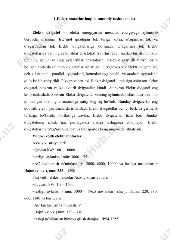 kw: 3 – 1600 · tezligi, aylanish / min: 3000 – 176,5 220 yilda • kuchlanish ac kuch, 380 230/400; nostandart, shu jumladan, 400/690 va 1140, boshqa, • hajmi (v.o.v.), mm: 56 – 710 2.generatorlar. o’zgarmas tok motorlari. generator (lot. generator — ishlab chiqaruvchi) — tashqi energiya manbai hisobiga elektr energiyasi ishlab chiqaruvchi yoki energiyani bir turdan ikkinchi turga oʻzgartiruvchi qurilma; apparat yoki mashina. masalan, atsetilen generatori, muz generatori, bugʻ generatori, gaz generatori, elektr generatori va h. k. xususan, elektr generatorlari oʻzgarmas tok, oʻzgaruvchan tok generatorlariga boʻlinadi. generator. tushunchasi oʻzgaruvchan va oʻzgarmas tok elektr mashinalariga ham, elektr tebranishlarini hosil qiluvchi asboblarga ham bir xil qoʻllaniladi. birinchi holda, mexanik energiya elektr energiyasiga aylantirilsa, ikkinchi holda manbaning elektr energiyasi maʼlum chastotali, kerakli shakl va quvvatli tebranishlar energiyasiga aylantiriladi. generatorning umumiy makromodeli quyidagi sxemada koʻrsatilgan. g.lar asosan turli koʻrsatkichlar asosida yaratiladi. generatorlarning elektr mashina, lampa, tranzistor; mikrosxemali, yoyli, impulyeli, gidroturbina, bugʻ turbina, har …