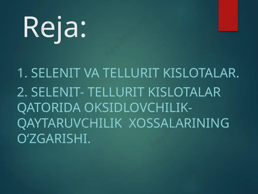 — 160° da suv bilan reaksiyaga kirishib, vodorod va teo2 xreil qiladi. vodorod bilan bevosita birikmaydi; uning gidridi n2te rux telluridga kislota taʼsir etishidan hrsil boʻladi. konsentrlangan sulfat kislota tellur bilan teso3 tarkibli (90° da parchalanadigan) modda hosil qiladi. tellur ishqorlarda sekin, zar suvida yaxshi eriydi. teo2 — tellurit kislota angidridi, teo3 esa tellurat kislota angidrididir. tellurning organik birikmalari ham maʼlum. tellur va uning birikmalari (ayniqsa, n2te) nihoyatda zaharli. tellur metall sulfidlarni qayta ishlashda va elektroliz yoʻli bilan oltin, kumush, mis olishda "anod balchiq" tarkibida yonaki mahsulot sifatida xreil boʻladi. tarkibida tellur va selen boʻlgan rudalarni qayta ishlash yoʻli bilan tellur va selenning eruvchan birikmalari xreil qilinadi. eritma orqali sulfit angidrid so2 oʻtkazilsa, selen va tellur choʻkmaga tushadi. hosil qilingan erkin tellurdan qayta suyuqlantirish vakuumda haydash yoki zonalar boʻylab suyukdantirish yoʻli bilan sof tellur olinadi. selen [yun. selene — oy (avvalroq kashf etilgan tellurning analogi sifatida nomlangan), lot. selenium], se …