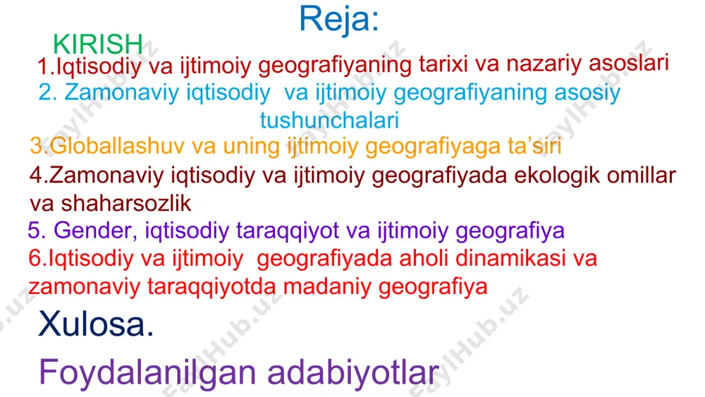 ish va iqtisodiy faoliyatning tarixiy konteksti haqida tushuncha beradi. 1.iqtisodiy va ijtimoiy geografiyaning tarixi va nazariy asoslari tarixini o‘rganish orqali tadqiqotchilar va olimlar iqtisodiy va ijtimoiy geografiyadagi uzluksizlik va o‘zgarishlar haqida har tomonlama tushunchaga ega bo‘lishlari mumkin. bu zamonaviy geografik dinamika va iqtisodiy-ijtimoiy o'lchovlarni shakllantiruvchi naqshlar, tendentsiyalar va ta'sirlarni aniqlash imkonini beradi. iqtisodiy va ijtimoiy geografiyaning zamonaviy rivojlanishi turli nazariy asoslarni o'rganishni o'z ichiga oladi. ushbu slaydda biz ijtimoiy va iqtisodiy geografiyaning uchinchi nazariy asosiga e'tibor qaratamiz. 1 ushbu asos turli geografik sharoitlarda jamiyat va iqtisodiyot o'rtasidagi murakkab o'zaro munosabatlar haqidagi tushunchamizni shakllantirishda hal qiluvchi rol o'ynaydi. 3 ushbu nazariy asoslarni o'rganish orqali biz iqtisodiy va ijtimoiy geografiyaning rivojlanayotgan dinamikasi va ularning zamonaviy global tendentsiyalarga ta'siri haqida qimmatli ma'lumotlarga ega bo'lishimiz mumkin. 2 2. zamonaviy iqtisodiy va ijtimoiy geografiyaning asosiy tushunchalari iqtisodiy va ijtimoiy geografiyaning zamonaviy rivojlanishi odamlarning o'zaro ta'siri va iqtisodiy faoliyatining zamonaviy manzarasini belgilaydigan asosiy tushunchalarni o'rganishni o'z …