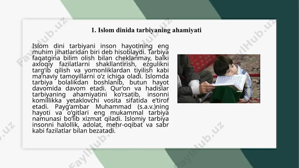 bir insonni jamiyatda muhim o‘rin tutadigan, axloqiy jihatdan yetuk shaxs sifatida shakllantiradi. shuningdek, islomda ota-onalar hamda jamiyatning o‘rni katta bo‘lib, tarbiya jarayonida o‘qituvchilar, ota-onalar va jamoat rahbarlari o‘quvchilarga o‘zlari yaxshi ko‘rsatadigan axloqiy fazilatlar bilan namuna bo‘lishi kerak. etiboingiz uchun rahmat! image1.png image2.jpeg image3.jpeg image4.jpeg /docprops/thumbnail.jpeg