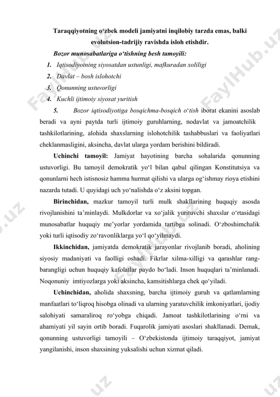 bga olinadi va ularning yaratuvchilik imkoniyatlari, ijodiy salohiyati samaraliroq ro‘yobga chiqadi. jamoat tashkilotlarining o‘rni va ahamiyati yil sayin ortib boradi. fuqarolik jamiyati asoslari shakllanadi. demak, qonunning ustuvorligi tamoyili – o‘zbekistonda ijtimoiy taraqqiyot, jamiyat yangilanishi, inson shaxsining yuksalishi uchun xizmat qiladi. o‘zbek modelining mazkur tamoyili avvalgi tamoyil bilan chambarchas bog‘liq. zero, davlat bosh islohotchi sifatida ijtimoiy barqarorlik, qonuniylik va huquq-tartibotning asosiy kafili bo‘ladi. qonun ustuvorligi jamiyat hayotida birdaniga to‘liq qaror topib qolmaydi. u nisbatan uzoq muddat talab qiladigan, bosqichma-bosqich va doimiy rivojlanib boradigan jarayon. uning to‘liq qaror topishi uchun o‘zaro mushtarak bo‘lgan quyidagi uch omil muhim ahamiyat kasb etadi: · jamiyatning, ijtimoiy hayotning barcha jabhalarini qamraboladigan puxta va zaruratga qarab o‘zgaruvchi qonunlar majmuyining vujudga kelishi va doimiy takomillashib borishi; · jamiyat a’zolarining yuksak huquqiy savodxonligi va qonungaqat’iy bo‘ysunishi; · amaldagi qonunlarni hayotga tatbiq etishning zarur iqtisodiyshart-sharoiti, · siyosiy-ma’muriy va ijtimoiy mexanizmini yaratish. to‘rtinchi tamoyil: aholining demografik tarkibini hisobga olgan holda, kuchli …