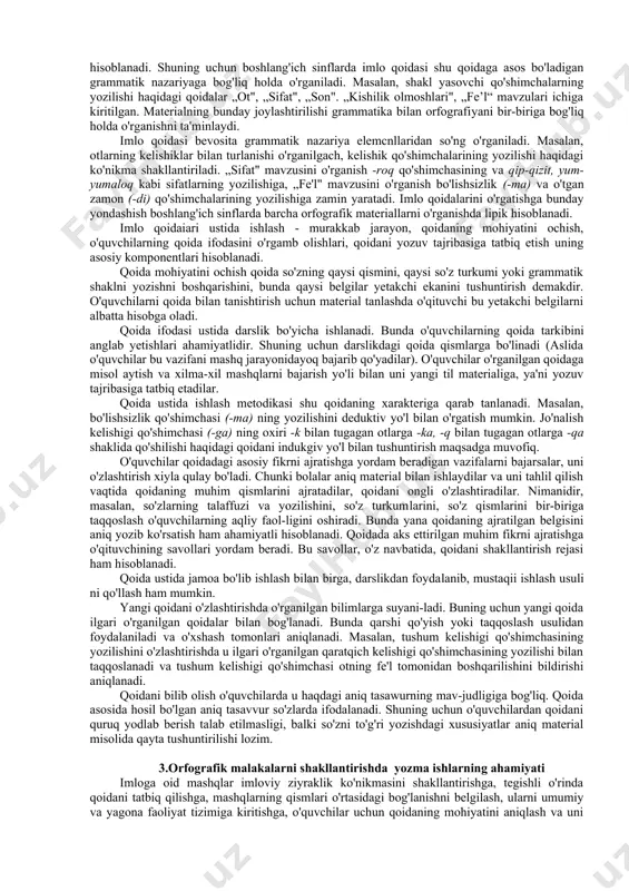 rakkab harakat sifatida.ongli jarayonligicha qoladi. 1 to'g'ri yozuv malakasining shakllanishi uchun o'quvchidan fikr-|lash faoliyati talab etiladi. biror to'g'ri yozuv hodisasini o'zlashtirish uchun o'quv va yodda saqlashgina emas, balki analiz va sintez tatbiq etiladi. bunda grammatik va imloviy hodisalarning o'xshash va farqli tomonlarini aniqlash uchun taqqoslash usulidan foydalanish hamda so'z va so'z shakllarini ma'lum grammatik yoki grafik gu​ruhlarga ajratish, muayyan tizimga solish, tushuntirish va isbotlash mashqlaridan foydalanish muhim o'rin tutadi. shunday qilib, orfografiyani o'rgatishda, grammatikani o'rgatish kabi, o'quvchilarning analitik-sintetik faoliyatini asta takomillashtira borish talab etiladi. 2.boshlang‘ich sinf o‘quvchilarining savodxonligini oshirish o'quvchilarda to'g'ri yozuv malakasini shakllantirish grammatik nazariyani va imlo qoi-dasini o'zlashtirishga asoslanadi. imlo qoidaiari bir so'znigina emas, balki umumiylik mavjud bo'lgan butun so'zlar guruhining yozilishini tartibga soladi. bu xususiyati bilan u qoida xat yozuvchini har bir so'zni yodda saqlash, xotirlashdan qutqaradi va qoidaga amal qilib, belgilangan me'yorga muvofiq butun so'zlar guruhini yozish imkonini yaratadi. imlo qoidasi grammatik umumiylik asosida birlashgan so'zlarning …
