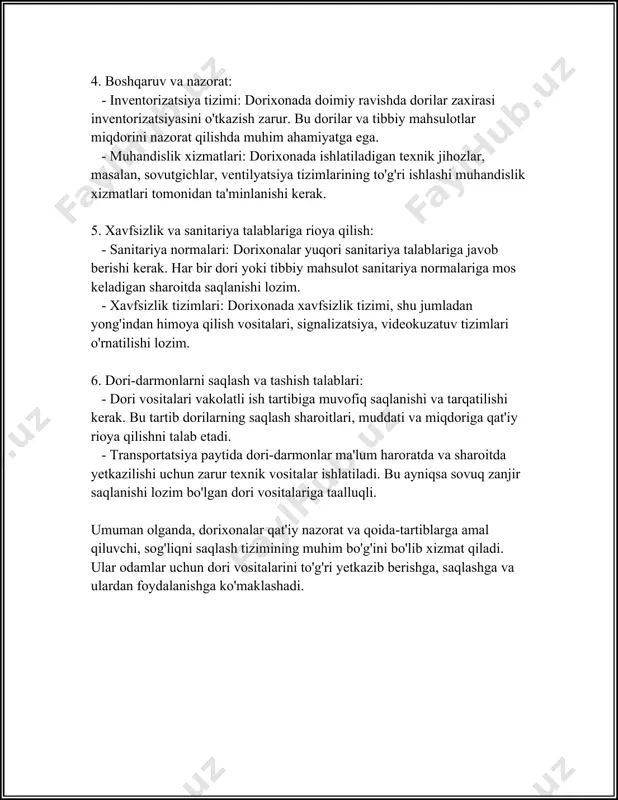 aqlash va dorilar bilan bog'liq mahsulotlar bozorida yetakchi o'rinni egallaydi. ushbu dorixona tarmoqlari odamlarning kundalik ehtiyojlarini qondirishda va sog'liqni saqlash tizimining bir qismi sifatida muhim rol o'ynaydi. har bir tarmoq geografik qamrovi, sotuvlar hajmi va xizmatlarning kengligi bilan ajralib turadi, bu esa ularga global miqyosda raqobatlashishga imkon beradi. 3. an'anaviy dorixona turlari an'anaviy dorixonalar dori-darmonlar va tibbiy mahsulotlarni sotish bilan shug'ullanuvchi tijorat korxonalari bo'lib, ular ma'lum bir tizim va mezonlarga ko'ra tashkil etiladi. quyida an'anaviy dorixonalar haqida ma'lumotlar taqdim etiladi, ular qaysi turlarga ajratilishi va ularning xususiyatlarini tavsiflaydi. 1. shahar dorixonasi shahar dorixonalari katta shaharlarda va shahar tumanlarida joylashgan bo'ladi. ularda keng assortimentdagi dori-darmonlar taklif etiladi. ana shunday dorixonalar ko'pincha 24 soat davomida ishlaydi, chunki shahar aholisi orasida doimiy ehtiyoj mavjud. 2. qishloq dorixonasi qishloq dorixonalari kichikroq hududlarda, ayniqsa qishloq joylarda tashkil etiladi. bu turdagi dorixonalar o'ziga xos xususiyatlariga ega bo'lib, ko'pincha asosiy dori vositalarini saqlaydi. hudud aholisi soni kam …