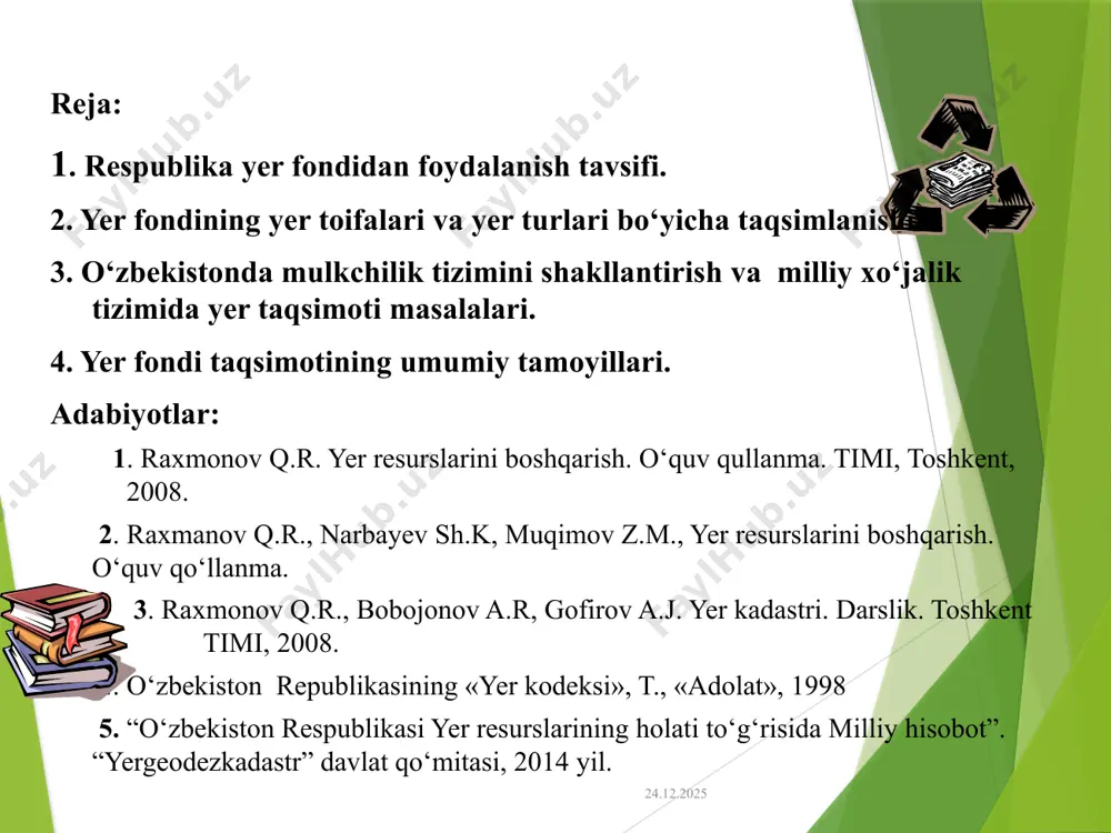 арни ёки умумий ер майдонининг 9,6 фоизини ташкил қилади. ўзбекистон республикаси ер фонди ерлардан фойдаланиш мақсади ва тартибига кўра ўзига хос ҳусусиятларга эга бўлиб, улар ўзбекистон республикаси ер кодексининг 8-моддасига биноан 8 та тоифага бўлинади. ўзбекистон ер фондининг тавсифланиши ва ундан фойдаланиш даражаси 5 минг га. ҳисобида rеspublika yer fondining tarmoqlararo va tarmoq ichidagi taqsimoti т/р ер фондининг тоифалари умумий ер майдон шу жумладан, суғориладиган ерлар жами фоиз ҳисобида жами фоиз ҳисобида 1 қишлоқ хўжалигига мўлжалланган ерлар 24057,1 53,59 4214,3 9,39 2 аҳоли пунктларининг ерлари 223,5 0,50 51,8 0,12 3 саноат, транспорт, алоқа, мудофаа ва бошқа мақсадларга мўлжалланган ерлар ерлар 876,3 1,95 12,6 0,03 4 табиатни муҳофаза қилиш, соғломлаштириш ва рекреация мақсадларига мўлжалланган ерлар 728,4 1,62 0,6 0,001 5 тарихий-маданий аҳамиятга молик ерлар 14,7 0,03 6 ўрмон фонди ерлари 12021,4 26,78 45,4 0,10 7 сув фонди ерлари 827 1,84 4,7 0,01 8 заҳира ерлар 6144 13,69 2,3 0,005 жами ерлар: …