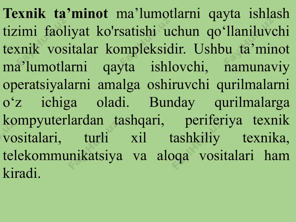 topgan) - axborotni komputer tarmoqlari bilan ulash uchun ishlatiladigan qurilma. modemdagi modulyator signalini modulyatsiya qiladi, ya'ni kiruvchi signallarning xususiyatlarini o'zgartiradi, demodulyator teskari jarayonni amalga oshiradi. marshrutizator - turli xil segmentlar o'rtasida paketlarni yo'naltiradigan qurilma. • tarmoq kommutatori (inglizcha switc - kalit) - kompyuter tarmog'ining bir nechta tugunlarini ulash uchun mo'ljallangan qurilma. • simsiz kirish nuqtasi (wap) - mavjud tarmoqqa simsiz ulanishni ta'minlash yoki yangi simsiz tarmoq yaratish uchun mo'ljallangan qurilma. 4. kompyuter tizimlarining dasturiy ta’minoti. dasturiy ta'minot (software) deb hisoblash tizimi tomonidan bajariladigan dasturlar to'plamiga aytiladi. kompyuterning o'zi ish bajara olmaydi. ushbu ishlarning barchasi kompyuter dasturlari yordamida bajariladi. kompyuter dasturlarini 3 toifaga bo'lish mumkin: • foydalanuvchilar uchun zaruriy ishlarning bajarilishini bevosita ta'minlovchi amaliy dasturlar; • turli xil yordamchi funktsiyalarni bajaradigan tizim dasturlari, masalan: kompyuter resurslarini boshqarish, kompyuter qurilmalarining ishlashini tekshirish, kompyuter haqida ma'lumot berish va hk.; • kompyuter uchun yangi dasturlarni yaratish uchun mo’ljallangan instrumental dasturlar. • amaliy dasturiy ta'minot …