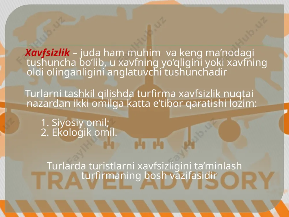idagilarni oladi: chet el tashrifi davrida to‘satdan kasal bo‘lganda yoki baxtsiz holatlarda turistga birinchi tibbiy tez yordam ko‘rsatish; tegishli tibbiy nazorat ostida uni sifatli davolashga qodir bo‘lgan yaqin atrofdagi shifoxonaga eltib qo‘yish; ishonchli tibbiy nazorat ostida turistni doimiy istiqomat qiladigan davlatga qaytarish; shifoxonadagi nazorat va uning oilasini bu to‘g‘rida ogohlantirish; agar tibbiy preparatlarni shu joyda topish imkoniyati bo‘lmasa unga yetkazish; shifokor – mutahassisning maslahat xizmatlari (zarurat bo‘lganda); betob bo‘lib qolgan turistni yoki uning jasadini u doimiy istiqomat qiladigan mamlakatga eltish bo‘yicha transport harajatlari to‘lovi; turist mulkini vataniga qaytarish; chet eldagi fuqarolik va jinoiy ishlarni tergov qilishda turistga huquqiy yordam ko‘rsatish. hamma narsa sug‘urta kompaniyasi bilan turist o‘rtasida tuzilgan sug‘urta shartnomasiga bog‘liq. sug‘urta badali summasi bir qancha omillarga bog‘liq. birinchi omil – sug‘urta badali miqdori (sug‘urta badali miqdori qancha ko‘p bo‘lsa, sug‘urta tovoni summasi ham shuncha ko‘p bo‘ladi). ikkinchi omil – 60 yoshdan katta kishilar sug‘urta badalini tarifning ikki baravari miqdorida …