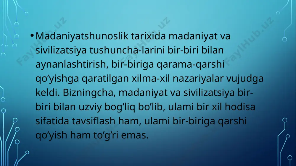 sonning sotsial tabiati bilan bevosita bog’liq bo’lib, kishilik jamiyati mavjudligining zarur sharti hisoblanadi. siviliziatsiyali taraqqiyotga erishish madaniy rivojlanishning noyob, betakror ekanligini anglatadi. bir milliy madaniyatni boshqasidan ustun qo’yish nazariy jihatdan xato, amaliy jihatdan zararlidir. milliy madaniyatlardagi rang-baranglik va o’ziga xoslik jahon xalqlari mada-niyatidagi umumiylikni istisno etmaydi. тurli xalqlar madaniyatidagi umumiylik va mushtaraklikni qadrlash xalqlar va mamlakatlar o’rtasida tinchlik, hamkorlik, do’stlik munosabatlari rivojlanishiga, jahon siviliziatsiyasining ravnaq topishiga xizmat qiladi. image2.png image3.jpeg image4.jpeg image5.jpeg image6.jpeg image7.jpeg image8.jpeg /docprops/thumbnail.jpeg