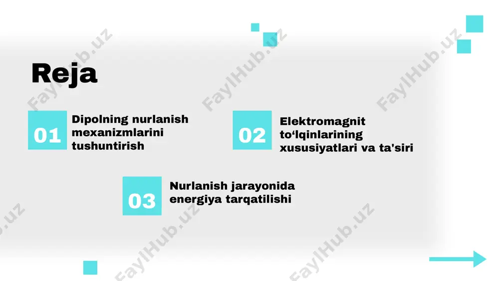 iyaning yo'qotishlari va tarqalish xususiyatlari nurlanish samaradorligini belgilaydi. dipol nurlanish mexanizmlari energiyani samarali tarqatadi, bu esa yuqori sifatli nurlanishni ta'minlaydi. shuningdek, dipolning tuzilishi va ishlashi oson tushuniladi, bu esa tadqiqot va amaliyotda keng imkoniyatlar yaratadi. dipol nurlanishida energiya yo'qotishlari kuzatilishi mumkin, bu esa samaradorlikni pasaytiradi. dipolning o'lchovlari va tuzilishi nurlanish sifatiga ta'sir ko'rsatishi mumkin. yangi materiallar va texnologiyalar yordamida dipol nurlanishining samaradorligini oshirish imkoniyatlari mavjud. elektromagnit to'lqinlaridan foydalanish sohalari kengayishi kutilmoqda, bu esa yangi tadqiqot va rivojlanish imkoniyatlarini yaratadi. raqobatdosh texnologiyalar va materiallar dipol nurlanishining samaradorligini pasaytirishi mumkin. shuningdek, elektromagnit nurlanishiga bog'liq xavf va cheklovlar mavjud. kuchli energiya taqsimoti energiya yo'qotishlari yangi texnologiyalarni qo'llash raqobat va xavflar s w o t amaliy misollar dipolning nurlanish mexanizmlariga oid amaliy misollarni ko'rib chiqamiz: 1. mobil aloqa antennalari: mobil aloqa tizimlarida dipol antennalari elektromagnit to'lqinlarni nurlantirib, aloqa signalini uzatadi. ular 900 mhz va 1800 mhz diapazonlarida ishlaydi, bu esa mobil telefonlardan tezkor ma'lumotlarni …