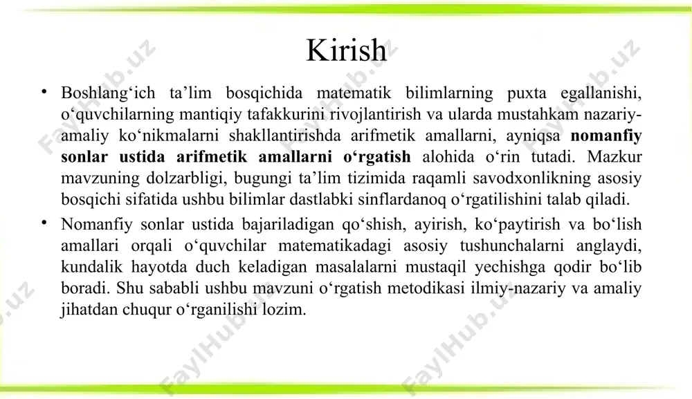 yati. boshlang‘ich ta’limda nomanfiy sonlar ustida arifmetik amallarni o‘rgatish — o‘quvchilarda asosiy matematik kompetensiyalarni shakllantirishdagi eng muhim bosqichlardan biridir. ushbu mavzu orqali: o‘quvchilarda matematik tafakkur, mantiqiy fikrlash, taqqoslash, sonlar bilan amaliy ishlash ko‘nikmalari rivojlanadi; mavzu bo‘yicha o‘quv materiallarini tanlash va ishlab chiqish usullari. o‘quv materiallarini tanlashda quyidagi yondashuvlar qo‘llaniladi: i. nomanfiy sonlar haqida umumiy tushuncha 1.1. nomanfiy sonlarning ta’rifi va xususiyatlari nomanfiy sonlar — bu 0 va undan katta bo‘lgan sonlar majmuasidir. ular quyidagicha belgilanadi: n = {0, 1, 2, 3, 4, 5, ...} ushbu sonlar butun sonlar to‘plamining ijobiy qismini tashkil etadi va matematikada, jumladan, boshlang‘ich ta’lim bosqichida eng asosiy tushunchalardan biri hisoblanadi. ular yordamida miqdorlar hisoblanadi, holatlar ifodalanadi, arifmetik amallar bajariladi. 1.2. nomanfiy sonlarning turli ko‘rinishlari nomanfiy sonlar kundalik hayotda va o‘quv jarayonida turli matematik ko‘rinishlarda namoyon bo‘ladi. bu ko‘rinishlarni to‘g‘ri tushunish o‘quvchilarning sonlar bilan erkin ishlash ko‘nikmasini shakllantiradi. 1. natural sonlar ko‘rinishida bu sonlar 1 dan boshlab …