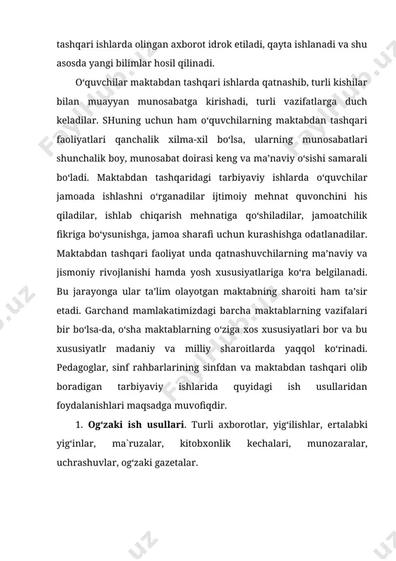 da»gi farmonida ko‘rsatilganidek, jamiyatda yuksak ma’naviy fazilatlarni kamol toptirish, milliy mafkurani shakllantirish, yoshlarni boy madaniy merosimiz, tarixiy an’analarimizga, umuminsoniy qadriyatlarga hurmat, vatanga muhabbat, istiqlol g‘oyalariga sadoqat ruhida tarbiyalash mamlakatimizda amalga oshirilayotgan barcha islohotlarning hal qiluvchi omilidir. sinfdan tashqari tarbiyaviy ishlarning samaradorligini oshirish avvalo komil insonni shakllantirishning eng zamonaviy va qulay yo‘nalishlarini topib joriy etishga bog‘liq. ushbu kontseptsiya ham xuddi shu maqsadda, shaxs kamoloti bosqichlarini belgilab olishga yo‘naltirilgan. sinfdan va maktabdan tashqari ishlarni davr talabiga javob beradigan holga keltirish uchun tarbiyaning asosi bo‘lgan barcha g‘oyalar qaytadan ko‘rib chiqilishi, asosiy e’tibor bola shaxsiga qaratilishi, yillar davomida to‘plangan ijobiy tajribadan unumli foydalanish zarurligini taqozo etadi. sinfdan va maktabdan tashqari ishlar ishlarning asosiy yo‘nalishlari, maqsad va vazifalari. inson shaxsining kamol topishi juda murakkab va uzluksiz jarayon davomida shakllanadi. uning tarbiyasiga ota-onasi, maktab, mahalla, do‘stlari, jamoat tashkilotlari, atrof-muhit, ommaviy axborot vositalari, san’at, adabiyot, tabiat va hokazolar bevosita ta’sir ko‘rsatadi. sinfdan va maktabdan tashqari ishlar orqali …