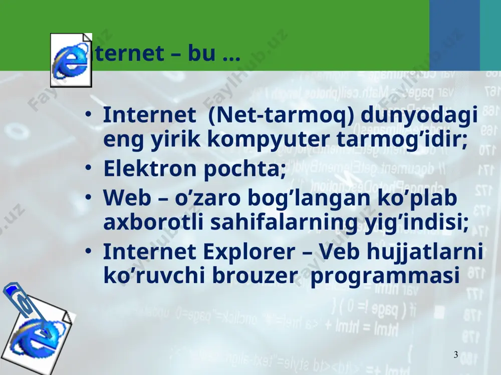 satkichdir. kirish nuqtasi (qayerdan o’tiladi); o’tish nuqtasi (qayerga o’tiladi); anchore (internet dengizidagi langar) * * shu faylning biror aniq joyiga bog’lanish misol fayl kitob(zakladka) * * boshqa faylga giperbog’lanish boshqa faylning boshiga o’tish fayl1 fayl2 * * boshqa faylning biror aniq joyiga bog’lanish (fayl1.htm da yoziladi) (fayl2.htm da yoziladi) fayl1 fayl2 kitob(zakladka) * * boshqa oyna orqali bog’lanish yoki misol freym2 freym1 fayl2 fayl1 rasmdan gipermurojaat misol rasm qismidan gipermurojaat ... misol * * namo web editor 5.5 * * namo web editor (html-kod) * * freymlarga bo’lish * * clip art ob’yektlarini qo’yish * * animatsion ob’yektlar qo’yish * * namo gif animator * adabiyotlar е.л.полонская, язык html . изд.диалектика москва • санкт-петербург • киев 2003г. п.гончарев, язык html . изд.диалектика москва kim taysek html&css umarova sh., rahmatov m. html tili va namo web editor muharriri yordamida veb-sahifalar tayyorlash. jidu 2006 y