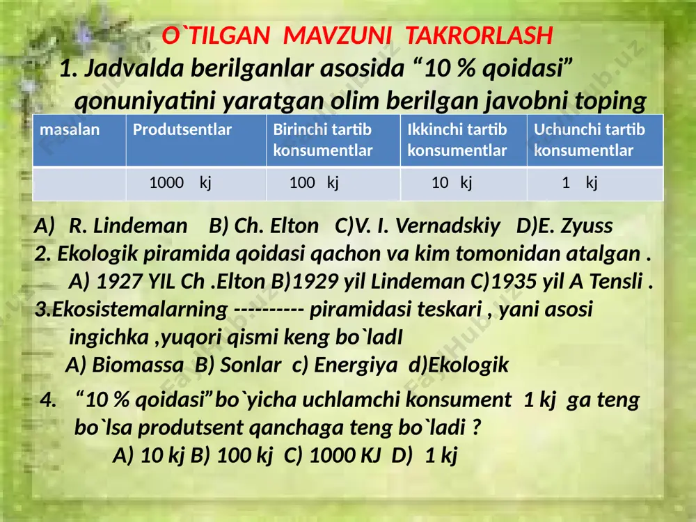 ing ma`lum vaqt oralig`idagi holatini aks ettiradi . a) 1,4,5,6 b)2,3,4,5 c)1,2,3,4 d) 6,5,4,3 8. quyidagi rasmdan 2-tartib konsument berilgan javobni toping a b c d mavzuga oid masalalar yechish usullari . 1. ekologik piramida fitoplankton → zooplankton → mayda baliqlar → yirik baliqlar → tyulen → ayiqdan iborat. ayiq massasi 800 kg boʻlsa, zooplanktonlarning biomassasini aniqlang. a) 80000 tonna b) 8000 tonna c) 800000 kg d) 80000 kg yechimi 1) fitoplankton → zooplankton → mayda baliqlar → yirik baliqlar → tyulen → ayiq ketma-ketligida miqdor 10 marta kamaysa ayiq 800 kg boʻlsa qoidaga koʻra qolganlari 10 marta koʻpayadi zooplanktonlar massasi 800•10000=8000000 kg 8000000/1000=8000 tonna javob: b) 8000 t. ekologik piramidaning asosini o’simlik, yovvoyi quyon va lochin tashkil etadi. x kg o’simlikni yegan yovvoyi quyonlar lochinlarga yem bo’ldi. lochinning biomassasi quyonlarning biomassasidan 720 kg ga kam. x ni aniqlang. a) 80000 b) 8000 c) 800 d) 1000 yechimi oʻsimlik - …