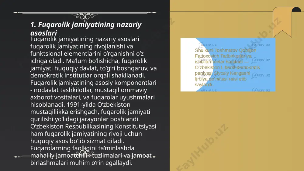 asosi sifatida muhimdir. fuqarolik jamiyatining huquqiy bazasini rivojlantirishda xalqaro tashkilotlar, masalan, bmtning inson huquqlari bo'yicha kengashi va boshqa xalqaro forumlar tavsiyalari ham qatnashadi. ... t.me/slaydai_bot ommaviy axborot vositalarining erkinligi jamiyatda axborot almashinuvi va demokratiya uchun muhimdir. dunyoda matbuot erkinligi indeksi reprterlar batasiz chegaralar tashkiloti tomonidan har yili ishlab chiqiladi. 2023 yilda indeksda 180 mamlakat ichida norvegiya birinchi, shimoliy koreya oxirgi o‘rinni egalladi. o‘zbekiston 137-o‘rinda joylashgan. har 1000 odamdan 226 nafari internetdan foydalanadi, lekin 40% saytlar cheklovga ega. qonunlarga ko‘ra, jurnalistlar hukumat tanqidchilari bo‘lishi kerak, ammo ko‘pincha bosim ostida. matbuotdan foydalanish huquqi xalqaro miqyosda aqsh va yevropa ittifoqi tashkilotlari tomonidan kuzatiladi va rag‘batlantiriladi. ... t.me/slaydai_bot 7. saylov tizimi va fuqarolarning saylash huquqi 7. saylov tizimi va fuqarolarning saylash huquqi haqida: saylov tizimi fuqarolarning davlat boshqaruvida ishtirok etishini taʼminlaydi. oʻzbekistonda saylovlar har 5 yilda bir marta oʻtkaziladi. fuqarolar 18 yoshga toʻlganda saylash huquqiga ega boʻladilar. saylovlarda prezident, parlament aʼzolari va mahalliy kengashlar …