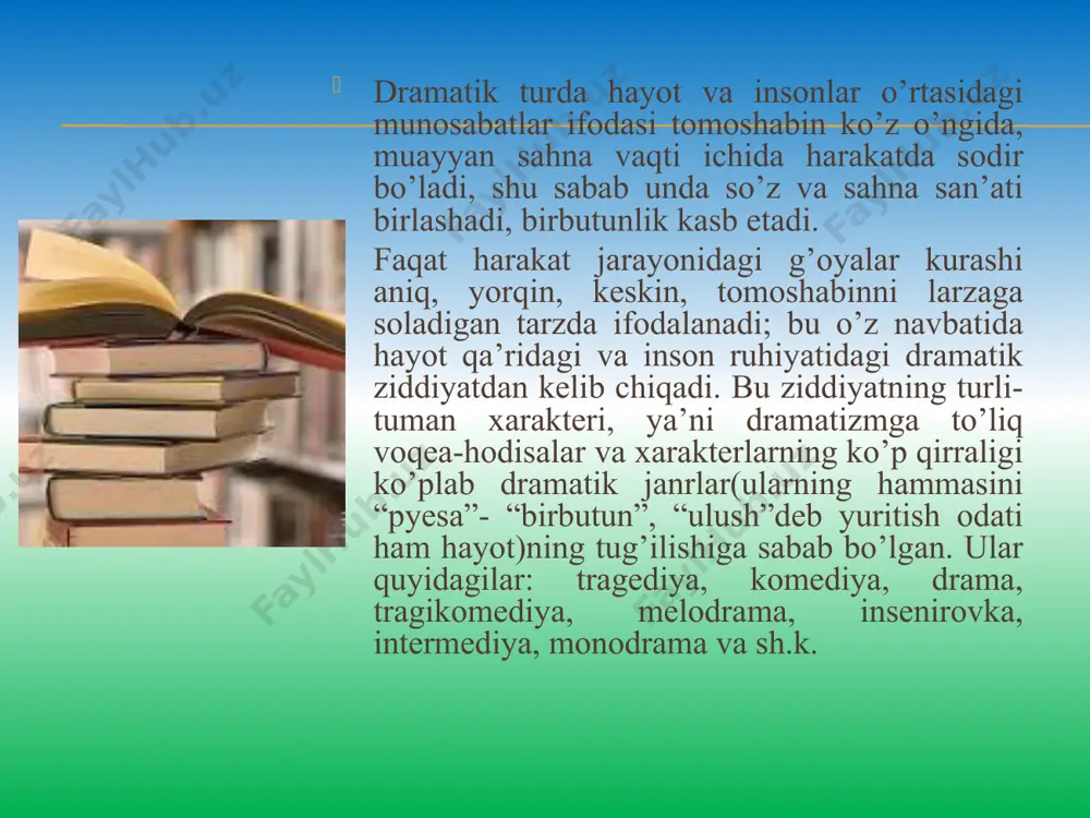 uramiz. lekin bu kurashsiz, bu halokatsiz u qahramon bo’lmasligini, o’z shaxsiyati bilan abadiy substansial kuchlarni, jahonni va o’zgarmas borliq qonunlarni amalga oshira olmasligini bilamiz”. 3. “buyuk axloqiy vazifalarni hal qilish uchun taqdir eng asl ruhlarni, kishilik dunyosi boshida turgan yuksak ruhli shaxslarni, axloqiy dunyoning tiragi bo’lgan substansial kuchlarni o’zida gavdalantirgan qahramonlarni tanlaydi. faqat oliy tabiatli odam tragediyaning qahramoni yoki qurboni bo’la oladi; voqyelikning o’zida ahvol shunday”. 4. “har qanday tragediyadan mash’um halokatni yo’qoting, siz bu bilan uni buyuklikdan, butun ma’nodan mahrum qilasiz, buyuk asardan oddiy bir narsa yasaysiz, u birinchi galdayoq o’zining butun nafis kuchini yo’qotadi”. 5. “tragediya ko’proq sun’iy asardir”. “mana shuning uchun tarixiy shaxslarni buzib ko’rsatishga oz yo’l qo’yilsa ham; tragediyaning go’yo qat’iy huquqidir, bu uning mohiyatidan kelib chiqadi. tragediyachi o’z qahramonini ma’lum tarixiy vaziyatda ko’rsatishni istaydi: tarix unga vaziyat beradi, agar bu vaziyatdagi tarixiy qahramon tragediyasining ideyasiga muvofiq kelmasa, uni o’zicha o’zgartirishga u to’la huquqlidir”. , rivoya …