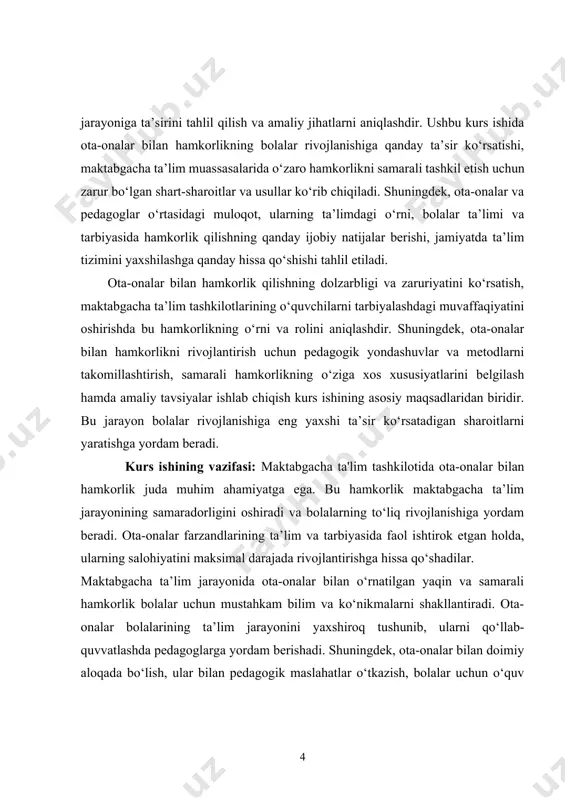 ishiga yordam beradi. ota-onalar farzandlarining ta’lim va tarbiyasida faol ishtirok etgan holda, ularning salohiyatini maksimal darajada rivojlantirishga hissa qo‘shadilar. maktabgacha ta’lim jarayonida ota-onalar bilan o‘rnatilgan yaqin va samarali hamkorlik bolalar uchun mustahkam bilim va ko‘nikmalarni shakllantiradi. ota-onalar bolalarining ta’lim jarayonini yaxshiroq tushunib, ularni qo‘llab-quvvatlashda pedagoglarga yordam berishadi. shuningdek, ota-onalar bilan doimiy aloqada bo‘lish, ular bilan pedagogik maslahatlar o‘tkazish, bolalar uchun o‘quv dasturlarini muhokama qilish va boshqa faoliyatlar orqali o‘zaro ishonchni mustahkamlash mumkin. pedagoglar ota-onalar bilan hamkorlikda turli tadbirlar, seminarlar, treninglar va yig‘ilishlar o‘tkazadilar. bunday tadbirlar orqali ota-onalar ta’lim jarayoniga jalb qilinadi, ular bolalarining rivojlanishi haqida ma’lumot olishadi, shu bilan birga, o‘zlarining pedagogik bilimlarini ham oshiradilar. ota-onalar bilan to‘g‘ridan-to‘g‘ri muloqot qilish, ularning fikrlarini tinglash, farzandlarining o‘qishdagi yutuqlari va muammolari haqida suhbatlashish, jamoaviy ishlarni olib borish orqali hamkorlik yanada samarali bo‘ladi. shu bilan birga, ota-onalar va pedagoglar o‘rtasidagi hamkorlik faqat ta’lim jarayoniga bog‘liq bo‘lmasdan, bolalarning tarbiyasi, madaniyatli xulq-atvori, ijtimoiy faolligi kabi boshqa …