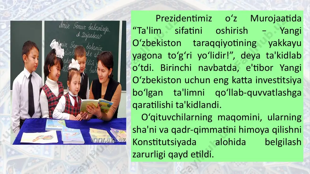 qsadlariga qaratilgan edi. maktabgacha va maktab ta’lim muassasalari tarmog‘ini kengaytirish maktabgacha ta’lim muassasalari tarmog‘ini kengaytirish, ularning moddiy-texnik bazasini mustahkamlash va yangi bog‘chalarni qurish uchun 2017–2021-yillarda maktabgacha ta’lim tizimini yanada takomillashtirish dasturi hamda 2030-yilga qadar maktabgacha ta’lim bilan qamrov darajasini 80,8 foizga yetkazish maqsad qilingan maktabgacha ta’lim tizimini rivojlantirish konsepsiyasi tasdiqlandi. amalga oshirilgan islohotlar natijasida bolalarni maktabgacha ta’lim bilan qamrab olish darajasi 27,7 foizdan 62,4 foizga, mttlar soni 5211 tadan 19316 ga yetkazildi. mamlakatda prezident maktablari, maxsus iqtidorli bolalar maktablari, ijod maktablari va «temurbeklar maktabi» tashkil etildi. keng jamoatchilik va ota-onalarning fikr-mulohazalari asosida yurtimizda 11 yillik majburiy maktab ta’limi qayta tiklandi. oliy ta’lim tizimini isloh qilish mamlakatda oliy ta’lim tizimini isloh qilishning ustuvor yo‘nalishlarini belgilash, kadrlar tayyorlash jarayonini sifat jihatidan yangi bosqichga ko‘tarish, oliy ta’limni modernizatsiya qilish, ilg‘or ta’lim texnologiyalari asosida ijtimoiy soha va iqtisodiyot tarmoqlarini rivojlantirish maqsadida o‘zbekiston respublikasi oliy ta’lim tizimini 2030 yilgacha rivojlantirish konsepsiyasi tasdiqlandi. 2017–2021 yillarda oliy …