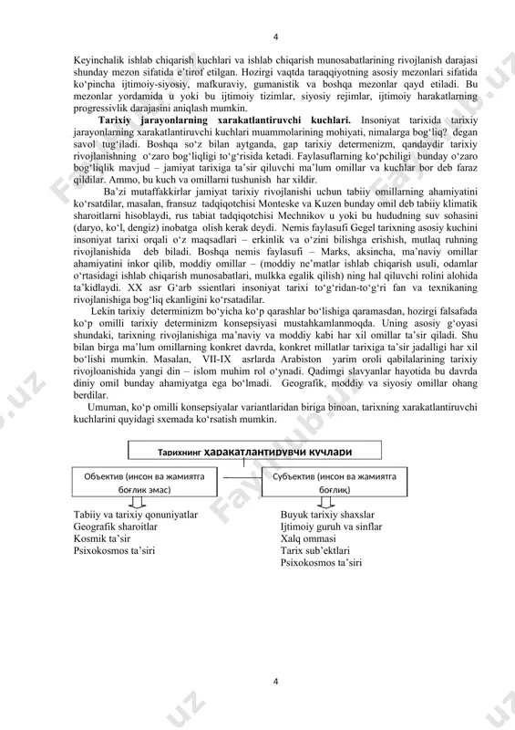 lar ongiga bog‘liq bo‘lmagan holda sodir bo‘ladigan formatsiyalarning almashinish jarayonidan iborat. formatsiya deganda qandaydir empirik jamiyat (ingliz, fransuz yoki boshqa) geopolistik hamjamiyat (sharq, g‘arb) emas, balki jamiyat ijtimoiy tuzilmasining negizini tashkil etuvchi umumiyat tushuniladi. ya’ni, formatsiya – jamiyatning muayyan tarixiy tipidir. har bir formatsiyaning asosini o‘ziga xos ishlab chiqarish usuli tashkil etib, uning strukturasida ishlab chiqaruvchi kuchlar va ishlab chiqarish qurollari, ularning rivojlanish darajasi va xarakteri muhim ahamiyat kasb etadi. ular ijtimoiy hayotning boshqa sohalari bilan bog‘liq bo‘lib, ishlab chiqarish munosabatlari siyosiy, huquqiy ustqurmaga, shuningdek, ijtimoiy ongning boshqa shakllariga nisbatan asos, bazis rolini o‘ynaydi. formatsion ta’limotga ko‘ra, jamiyat quyi shakldan yuqori shakllarga, ibtidoiy jamoa tuzumidan quldorlik jamiyati orqali feodalizmga, undan kapitalizmga hamda eng oliy maqsad, insoniyatning «oltin» asri kommunizmga qarab harakat qiladi. bir formatsiyadan ikkinchisiga o‘tish yangi ishlab chiqarish kuchlari va eskirib qolgan ishlab chiqarish munosabatlari o‘rtasidagi ziddiyatlar hamda ixtiloflar natijasida yuzaga keladigan ijtimoiy inqilob orqali sodir bo‘ladi. xix asrning …