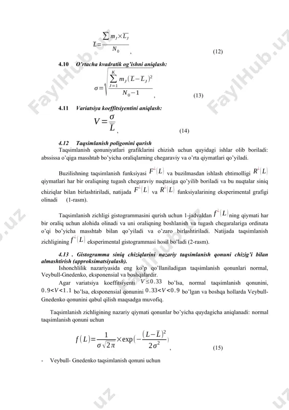 qonuni uchun: f(l)=expl), (21) · buzilmasdan ishlash ehtimolligi: r(l) 1 - f(l), (22) 4.15 тaqsimlanish qonunining turi to’g’risidagi farazni a.n. kolmogorov mezoni bo’yicha tekshirish. buning uchun birinchi navbatda quyidagi qiymat aniqlanadi: dj max[f*j(l)-f j(l)], (23) bu yerda dj - sinov va nazariy buzilish funksiyalari ayirmasining absolyut maksimal qiymati , (24) bu yerda: - kolmogorov mezoni qiymati. mezon qiymatiga asoslanib 2-ilovaning 2-jadvalidan mezon ehtimolligi aniqlanadi (r()). agar mezon ehtimollik qiymati (r()) yetarli darajada katta bo’lsa (0,6 dan yuqori), u holda qabul qilingan qonun to’g’ri bo’ladi. aks holda boshqa qonunlar bo’yicha tekshirish lozim. qonun qabul qilinganidan keyin taqsimlanish qonunining nazariy ko’rsatkichlari qiymati 2-jadvalga yoziladi. 2-jadval nazariy natijalar oraliq tartib raqami тaqsimlanish zichligi, 1ming km ft(l) buzilish funksiyasi, ft(l) buzilmasdan ishlash ehtimolligi, rt(l) buzilish funksiyalarining ayirmasi, d 1. 2 3 4 5 1. 2. j. k. 4.16 nazariy chiziqlarni qurish тaqsimlanish zichligining nazariy grafigini chizish uchun f(l) qiymatini (3-ilova, 2-jadval)dan olib oraliqning o’rtasiga …