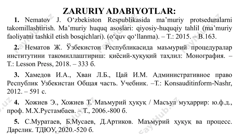 dligi kabilar; b) jamiyat manfaatlariga zid mazmundagi ma'muriy aktning qabul qilinishi; v) ma'muriy akt qabul qilish tartibidagi xatolik; g) to'g'ri protseduraning buzilishi; d) o'z ma'muriy ixtiyoriyligi(diskretsion vakolati)ni qo'llamasligi (ma'muriy ixtiyoriylik (diskretsion vakolat)ning passiv suiiste'moli)dan iborat bo'ladi. ma'muriy shikoyat ma'muriy akt ijrosi ma'muriy shikoyat bo'yicha ish yuritish (mtttq 62-70 m) ijro ishini yuritish (mtttq 71-83 m) case study «1959 yil 22 iyulda tug'ilgan fuqaro a.sharopov nafaqa yoshiga yetganligi uchun yoshga doir pensiya tayinlashni so'rab, byudjetdan tashqari pensiya jamg'armasiga murojaat qilgan. ammo byudjetdan tashqari pensiya jamg'armasi shahar bo'limi boshlig'ining imzosi bilan a.sharopovga 2017 yil 2 iyundagi bt130-1001-1529-sonli xat bilan javob berilib, unda uning «viloyat maishiy boshqarma» tashkilotida 1979 yildan 1988 yilgacha hamda «viloyat kinofil`mlarni ijaraga berish» tashkilotida 1988 yildan 1997 yilgacha ishlagan davri mehnat daftarchasiga yozilgan bo'lsa-da, biroq ushbu davrlardagi ish stajlarini tasdiqlovchi hujjatlar arxivda va tashkilotlarning o'zida saqlanmaganligi hamda ushbu davrlar uchun ish haqi ma'lumotlari taqdim etilmaganligi sababli a.sharopovning ko'rsatib o'tilgan …