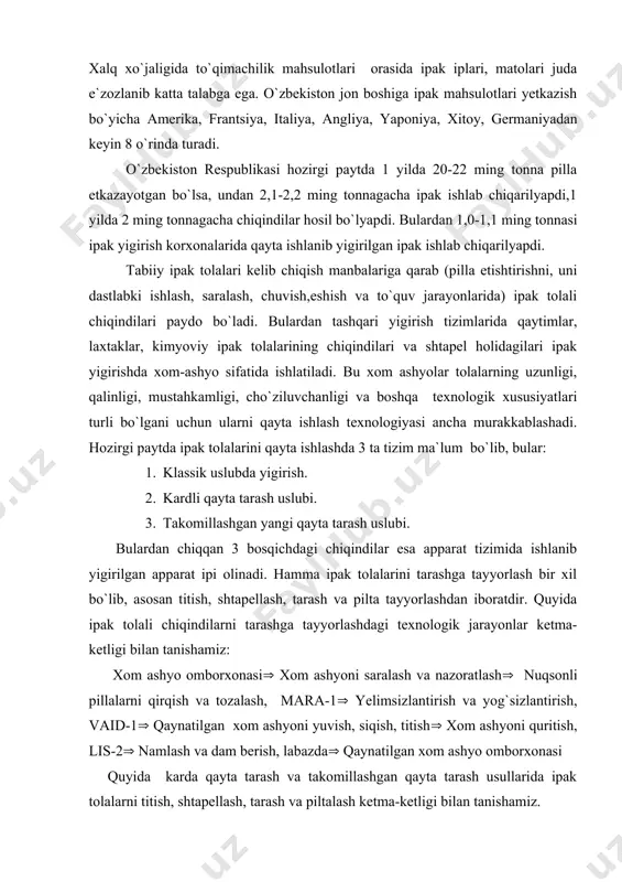 k tolalarini tarashga tayyorlash bir xil bo`lib, asosan titish, shtapellash, tarash va pilta tayyorlashdan iboratdir. quyida ipak tolali chiqindilarni tarashga tayyorlashdagi texnologik jarayonlar ketma-ketligi bilan tanishamiz: xom ashyo omborxonasi( xom ashyoni saralash va nazoratlash( nuqsonli pillalarni qirqish va tozalash, mаrа-1( yelimsizlantirish va yog`sizlantirish, vаid-1( qaynatilgan xom ashyoni yuvish, siqish, titish( xom ashyoni quritish, lis-2( namlash va dam berish, labazda( qaynatilgan xom ashyo omborxonasi quyida karda qayta tarash va takomillashgan qayta tarash usullarida ipak tolalarni titish, shtapellash, tarash va piltalash ketma-ketligi bilan tanishamiz. karda qayta tarash usuli qaynatilgan xom-ashyo ombori vrkv-1,vk-1 da titish xolst olish ts-60 da shtapellash 2-bt-150-shl va zu-2 agregatida qayta ishlash labazda dam berish t=200c,w=70-75% cht-21-shl da tarash va pilta olish. lshm-220-1 bt-shl da qayta ishlash. textima-1605 da 1 o`timda tarash. lmsh-220 da qayta ishlash textima-1603 da 11 o`timda tarash. tarandilar ombori lmsh-220,1,2,4 1da 4 o`timda qayta ishlash krints (italiya) 2- o`timda qayta ishlash pilta omborxonasi takomillashgan qayta …