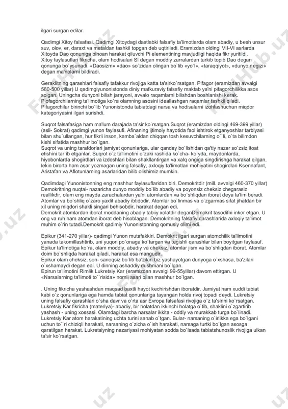 nyo xalqlari rivojiga qo`shilgan munosib hissa ekani hеch kimga sir emas. bu hol jahonning barcha xolis mutaxassis olimlari tomonidan e'tirof etiladi. qolavеrsa, vatanimiz sivilizatsiyasining sharq sivilizatsiyasi qucho`ida voyaga еtgani va uning qadriyatlarini o`zida aks ettirganini, unga va butun dunyo madaniyatiga ulkan ta'sir ko`rsatganini doim esda tutishimiz lozim. sharq madaniyati taraqqiyotining ilk davrlari dеganda ko`pgina mutaxassislar bizning vatanimiz o`tmishini, misr, bobil va insoniyat arixining eng qadimgi sivilizatsiyasining biri bo`lgan shumеr avrlarini esga oladi. ko`xna sharq sivilazatsiyasining bеshiklaridan biri bo`lgan misr, qadimgi zamonda ilk o`troq hayot va o`ziga xos dеhqonchilik an'analari oshlangan nil daryosi bo`ylaridagi yuksak madaniyat jahon olimlari iqqatini o`ziga tortib kеlmoqda. qadimgi misr va bobil madaniyati. eramizdan avvalgi to`rtinchi ming yillikning oxiri va uchinchi ming yillik boshlarida qadimgi misr va bobil hududida dastlabki afsonaviy diniy va falsafiy fikrlar, olam haqidagi fanlar kurtaklari, ya'ni matеmatika, astronomiya, kosmologiya, mifologiyaga oid qarashlar bir muncha rivoj topgan. fan kurtaklarining paydo bo`lishi, tabiiy- ilmiy, diniy …