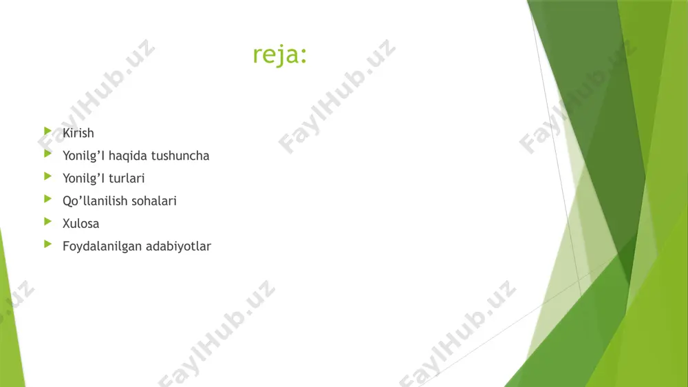 g‘och (quruq) 15–18 mj/kg benzin 44–46 mj/kg dizel 42–45 mj/kg tabiiy gaz (metan) ~35–40 mj/m³ propan-butan ~45–50 mj/kg qo‘llanilish sohalari issiqlik elektr stansiyalari (ies) — asosan toshko‘mir, lignit. metallurgiya sanoati — koks (temirni eritish uchun). qishloq xo‘jaligi va qishloq joylari — yog‘och, torf (uy isitish uchun). g‘isht zavodlari, sement zavodlari — ko‘mir yoki chiqindi yonilg‘ilar. qo‘llanish sabablari: narxi nisbatan arzon. mahalliy resurslar asosida yetkazilishi mumkin. uzoq vaqt saqlash va tashish mumkin. ba’zilarining (masalan, koks) sanoat jarayonida kimyoviy roli bor. suyuq yonilgʻilar (benzin, dizel, kerosin, mazut) qo‘llanilish sohalari avtotransport (yengil va yuk mashinalari) — benzin, dizel. aviatsiya — aviakerosin (jet-a1). temir yo‘l lokomotivlari — dizel. isitish tizimlari, qozonxonalar — mazut. kichik generatorlar — benzin yoki dizel yoqilg‘isi. qo‘llanish sabablari: yuqori energiya sig‘imi (1 kg dan ko‘p issiqlik ajraladi). tez yonadi, boshqarilishi oson. portativ texnika va transport vositalari uchun mos. osongina quyiladi va saqlanadi. xulosa qattiq, suyuq va gazsimon yonilg‘ilar energetika, transport, …