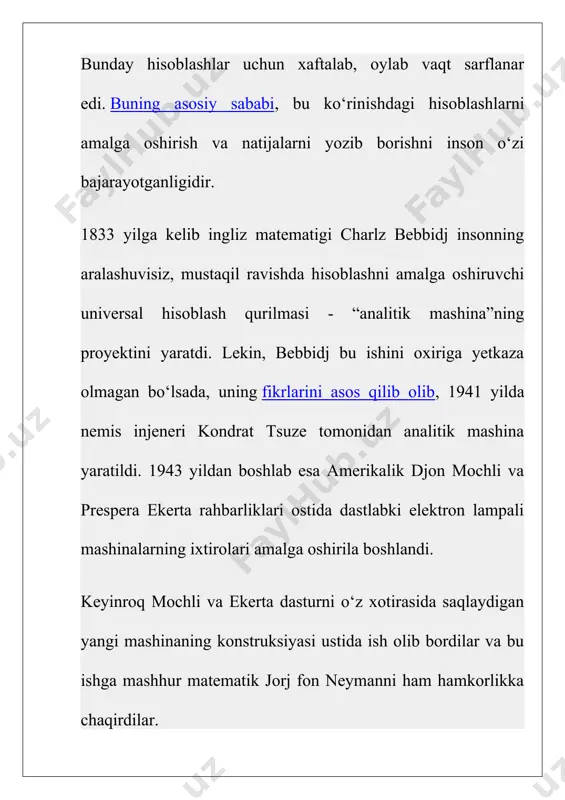 lashgan mos ulagichga ulanadi yoki o’rnatiladi. qo’shimcha qurilmani ulashdan avval kompyuterni o’chirish zarur , aks holda kompyuter ishdan chiqishi mumkin. endi asosiy qurilmani har birini ko’rib chiqamiz. monitor.(displey) kompyuter bilan bo’ladigan bevosita muloqatni ekranda ko’rish uchun monitor xizmat qiladi. monitor ikki xil rejimda: matn yoki grafik ma’lumot chiqaradi matnli rejimda displey ekrani shartli ravishda 80 ta ustunga, 25 satrga bo’linadi. xar bir belgi joyga 256 simvoldan biri mos kelishi mumkin. grafik rejimda axborotlar nuqtalar to’plamidan iborat bo’lib, xar bir nuqta rangga egadir. (ranglar jilosi 16 rangdan 16,8 mln.ranggacha). nuqtalar soni qancha oshsa, tasvirlar sifati shuncha oshadi. monitorlar quyidagi imkoniyatli bo’lishi mumkin. 640 x 200 nuqtalardan 1600x1280 nuqtalarni hosil qilishi mumkin. monitorlar monixrom (oq-qora) va razmerlari (14 dyumdan – 21, 24 dyumgacha) bilan farqlanadi. ekrandagi minimal (nuqtaviy) tasvirning ko’rinishi piskel ( picture element) deyiladi. odatda ega adapteri to’rtvurchakli piksel tashkil qilsa, 640x350 nuqtalar hosil qila oladi. vga – 640x480, svga – …