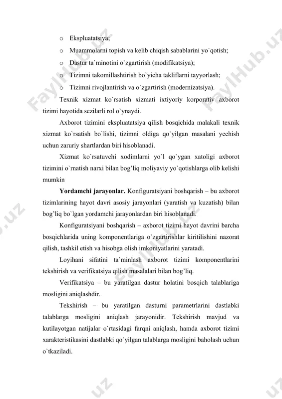 ordamchi jarayonlardan biri hisoblanadi. konfiguratsiyani boshqarish – axborot tizimi hayot davrini barcha bosqichlarida uning komponentlariga o`zgartirishlar kiritilishini nazorat qilish, tashkil etish va hisobga olish imkoniyatlarini yaratadi. loyihani sifatini ta`minlash axborot tizimi komponentlarini tekshirish va verifikatsiya qilish masalalari bilan bog’liq. verifikatsiya – bu yaratilgan dastur holatini bosqich talablariga mosligini aniqlashdir. tekshirish – bu yaratilgan dasturni parametrlarini dastlabki talablarga mosligini aniqlash jarayonidir. tekshirish mavjud va kutilayotgan natijalar o`rtasidagi farqni aniqlash, hamda axborot tizimi xarakteristikasini dastlabki qo`yilgan talablarga mosligini baholash uchun o`tkaziladi. tashkiliy jarayonlar. loyihani boshqarish - ishlarni rejalashtirish va tashkil qilish, ishlab chiqaruvchilar jamoasini tuzish va bajariladigan ishlar sifatini va muddatlarini nazorat qilish masalalari bilan bog’liqdir. loyihani texnik va tashkiliy ta`minoti quyidagilarni o`z ichiga oladi: · loyihani joriy qilish uchun metodlarni va instrumental vositalarni tanlash; · ishlab chiqarishni (razrabotka) oraliq holatlarini yoritish metodlarini aniqlash; · yaratilgan dastur ta`minotini sinovdan o`tkazish usullarini va vositalarini ishlab chiqish; · xodimlarni o`qitish. axborot tizimlarining hayot davri …