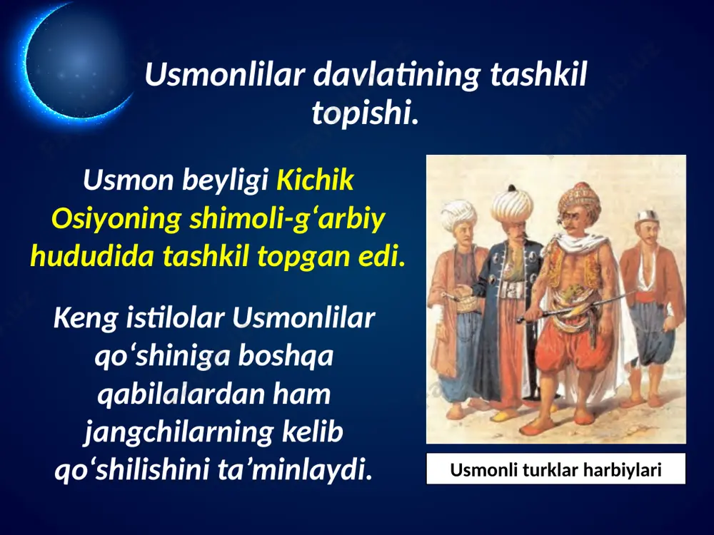 i turklar qudrati yaxshi tashkil etilgan otliq va piyoda qo‘shin, lashkarboshilik xususiyatlariga ega sultonlar, hukmdorga sadoqatli yanicharlar piyoda qo‘shinining mavjudligida edi. usmonli turklar sultoni jangga hamisha o‘zining sodiq yanicharlari bilan kirgan. oilasi, boyligi, mol-mulki bo‘lmagan yanicharlar sulton uchun jonini ham ayamagan. savol va topshiriqlar 1. usmonlilar davlati qachon tashkil topgan? 2. turklarning bolqon yarimorolidagi istilolarini gapirib bering. 3. vizantiya imperiyasining qulashi sabablarini ko‘rsating. 4. usmonlilar davlati qudrati omillarini aytib bering. image2.png image3.emf image4.jpeg image5.jpeg image6.jpeg image7.png image8.jpeg image9.emf image10.jpeg image11.jpeg image12.jpeg image13.jpeg image14.jpeg image15.jpeg image1.png