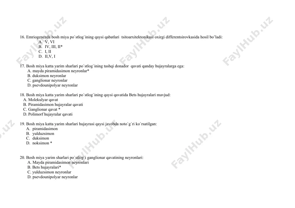 ng granulyar tipi– bu: a. po`stloqning polimorf hujayralari yaxshi rivojlangan qavati b. po`stloqning tashqi va ichki donador hujayralari yaxshi rivojlangan qavati * c. po`stloqning piramidasimon hujayralari yaxshi rivojlangan qavati d. po`stloqning yaxshi rivojlangan molekulyar qavati 38. bosh miya katta yarim sharlar mieloarxitektonikasi - bu: a. po`stloqda neyrotsitlarnin joylashishi b. po`stloqda qon tomirlarning joylashishi c. po`stloqda nerv tolalarining joylashishi * d. po`stloqning talamo-kortikal` tolalarning joylashishi 39. bosh miya po`stlog`ida faoliyati bo`yicha qanday tolalarni ajratish mumkin: a.assotsiativ tolalar, proektsion tolalar, komissural` tolalar* b. mox simon tolalar, proektsion tolalar, komissural` tolalar c. periferik tolalar, mox simon tolalar d. o`rmalovchi tolalar 40. qaysi tolalar po`stloqning turli qismlarini o`z-aro bog`lab turadi: a. proektsion b. komissural` c. assotsiativ * d. tangentsial` 41. miya po`stlog`iga organizmning ichki va tashqi muhitidan yo`nalgan nerv impul`larini o`tkazuvchi tolalar: a. proektsion * b. komissural` c. assotsiativ d. tangentsial` 42. qaysi tolalar ikkala yarim sharlarni o`z-aro bog`lash vazifasini o`taydi: a. proektsion b. …
