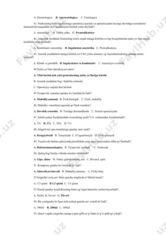 as yo’llari orqali kiritilishi nima deyiladi?. a. kombinativ anestetika b. ingalatsion anestetika c. premidikatsiya 43. anestik moddalarni tanaga kiritish yo’li bo’yicha umumiy og’riqsizlantirishning qanaqa turlari mavjud?. a. klinik va jarrohlik b. ingalyotsion va kombinativ c. anestiziya va klinik 44.nafas yo’llari absraksiyasi nima?. a. tilni burish,tish yoki protezlarning nafas yo’llariga kirishi b. anestik moddalar bug’ shaklida uchrashi c. operatsiya vaqtida dori kiritish 45.terapevtik vannalar qanday ko’rinishda bo’ladi?. a. mahalliy,umumiy b. fizik,biologik c. fizik, mahalliy 46. mahalliy vannalarni qayerda qo’llash mumkin?. a. davolsh xonasida b. teridagi dermatidlarda c. xontal operatsiyada 47. isitish uchun foydalanishda rivanolning nechi % li eritmasidan foydalaniladi?. a. 5% b. 3% c. 10% d. 1% 48. isitgich teri qon tomirlariga qanday tasir etadi?. a. kengaytiradi b. toraytiradi c. o’zgartirmaydi d. tasir qilmaydi 49. tozalovchi hulena qabziyatda,jarrohlikda yana qaysi jarayondan oldin qo’llaniladi?. a. rektoromanoskopiya b. terapevtik vannada c. narkozda 50. qattiq bog’lamlar sifatida nimalar ishlatiladi?. a. gips, shina b. natriy …