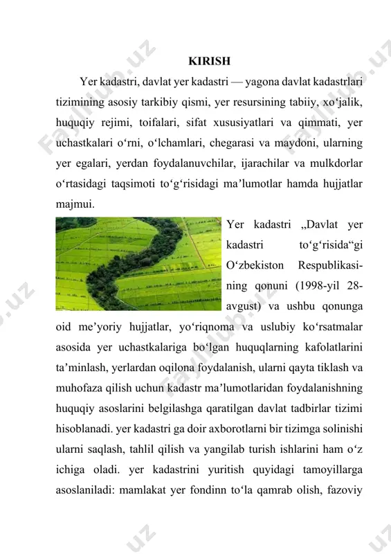 orat qiluvchi davlat xizmat organlarini faoliyatini muvofiqlashtirish; yerlarning holati, mavjudligi va ulardan foydalanish toʻgʻrisidagi hisobotlarni tuzish; joriy (mavsumiy) tadqiqotlar, suratga olish, yer oʻlchash ishlarini hamda yer monitoringi maʼlumotlaridan foydalangan holda yer kadastriga oid axborotlar bankini yaratish va uni tartibga solib turish. asosiy qism 2.1. yer kadastiri va uning ahamiyati yer kadastri uch boʻlimga boʻlinadi. ular yer uchastkalarni roʻyxatga olish, yerni iqtisodiy baholash hamda tuproq bonitrovkasidir. ushbu ishlar turkumi shahar (shaharcha) yoki tuman hokimiyati qoshidagi yer resurslari va davlat kadastri xizmati tomonidan amalga oshiriladi. yer uchastkalarini roʻyxatga olish — tuman yoki shahar hududida joylashgan yer uchastkalarini yer resurslari va davlat kadastri davlat xizmat mutaxassislari tomonidan yer kadastri kitobiga qayd etish jarayonidir. qayd etishda yer uchastkasi toʻgʻrisida jamiki maʼlumotlar, masalan, yer uchastkasi mulkdorining rasmiy maʼlumotlari, uchastka joylashgan manzil, qoʻshni uchastkalarning yuridik nomlari, yer turlari, tuproq ball boniteti va hokazo maʼlumotlar yer kadastri kitobida oʻz aksini topadi. yerni iqtisodiy baholash — yer uchastkasining …