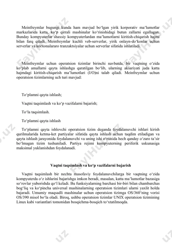 atsion tizimga os/360ʼning vorisi os/390 misol boʻla oladi. biroq, ushbu operatsion tizimlar unix operatsion tizimining linux kabi variantlari tomonidan bosqichma-bosqich toʻxtatilmoqda. toʻla taqsimlash koʻp foydalanuvchili tizimlarning rivojlanishi dasturning oʻzida oʻzgarishlardan qochib, vakolatlarni ajratish bilan bogʻliq muammolarni hal qilishni talab qildi. protsessor ishlab chiquvchilari ikkita protsessor rejimiga ega arxitekturani taklif qilgan operatsion tizimlarda vakolatlar — „haqiqiy“ (bunda kompyuterning butun manzil maydoni bajariladigan dastur uchun mavjud) va „himoyalangan“ (bunda manzil maydoniga kirish imkoniyati dasturning boshlanishida bajarilishi uchun ajratilgan diapazon bilan cheklangan)ni ajratishni qoʻllab-quvvatladilar. operatsion tizimlar evolyutsiyasi birinchi davr (1945-1955-yillar) raqamli kompyuterlarni yaratishda muvaffaqiyatlar ikkinchi jahon urushi tugaganidan keyin sodir boʻldi. 40-yillarning oʻrtalarida birinchi lampali hisoblash qurilmalari yaratildi. shu bilan birga, kompyuterni loyihalash va dasturlash amalga oshirildi. bunga boshqa amaliy sohalardan har xil turdagi amaliy muammolarni hal qilish sohasidagi tadqiqot ishlari kirar edi. oʻsha paytda dasturlash faqat mashina tilida amalga oshirilgan. oʻsha paytda operatsion tizimlar yoʻqligi sababli barcha vazifalar dasturchi tomonidan maxsus boshqaruv …