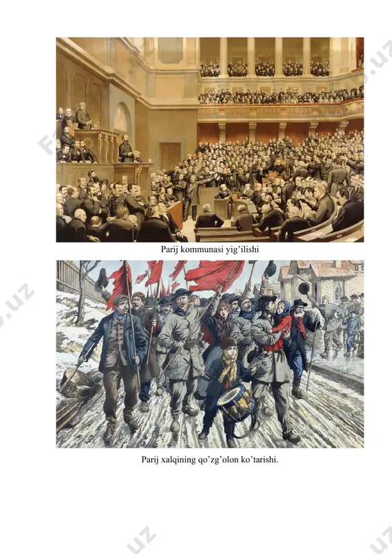 kommunasi – 1871-yilning 18-martidan 28-mayigacha fransiyani boshqargan muvaqqat hukumat. dekret – oliy hokimiyat yoki boshqaruv organi chiqargan va qonun kuchiga ega boʻlgan muhim qaror. konsentratsiya (lotincha con – “birga” va centrum – “markaz”) – biror narsaning muayyan joyda toʻplanishi. savol va topshiriqlar. 1. fransiya-prussiya urushi har ikki davlat uchun qanday yakunlandi? 2. parij kommunasi amalga oshirgan islohotlar fransiyaning keying rivojlanishi uchun qanday ahamiyatga ega boʻldi? 3. qaysi tarixiy voqea bilan germaniyani birlashtirish uchun olib borilgan uzoq yillik kurash yakunlandi? 4. imperator vilgelm ii e’lon qilgan “yangi kurs”ning mazmun-mohiyati nimalardan iborat edi? parij kommunasi yig’ilishi parij xalqining qo’zg’olon ko’tarishi. fransiya imperatori napoleon iii germaniya imperatori vilgelm i image4.emf image5.emf image1.emf image2.emf image3.emf