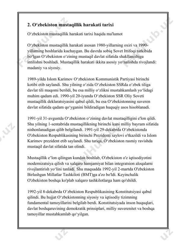 boʻlib, zamonaviy fanlarni oʻrgatish bilan shugʻullangan. jadidlar orasida mahmudxoʻja behbudiy, abdurauf fitrat, abdulhamid choʻlpon va abdulrauf fitrat kabi taniqli shaxslar bor edi. ular oʻz asarlarida milliy ozodlik, oʻzlikni anglash, taʼlim va madaniyatning ahamiyati haqida koʻp fikr yuritganlar. masalan, mahmudxoʻja behbudiy tomonidan yozilgan "padarkush" dramasi oʻsha davr fikrlarining namunasidir. mustaqillik davriga kelib, oʻzbekiston 1991-yil 1-sentyabr kuni mustaqilligini qoʻlga kiritdi. bu voqea sovet ittifoqining parchalanishi bilan bogʻlangan boʻlib, 31-avgust kuni oʻzbekistonning oliy soveti respublikaning mustaqilligini eʼlon qildi. 1991-yilning 29-dekabrida boʻlib oʻtgan referendumda oʻzbekiston fuqarolarining 98,2% mustaqillikni yoqlashdi. bu sanalar oʻzbekistonning mustaqillik yoʻlidagi muhim bosqichlaridan biridir. mustaqillik oʻzbekiston uchun katta imkoniyatlar eshigini ochdi. mustaqillikka erishgidagina, oʻzbekiston oʻzning siyosiy yoʻnalishini, iqtisodiy strategiyasini va madaniy rivojlanishini mustaqil ravishda belgilay boshladi. mustaqillikdan soʻng oʻzbekiston birlashgan millatlar tashkiloti va boshqa xalqaro tashkilotlarga qoʻshildi. oʻzbekistan oʻzining milliy valyutasi – soʻmni joriy qildi va davlatning konstitutsiyasini qabul qildi. 1992-yil 8-dekabrda oʻzbekiston respublikasining konstitutsiyasi qabul qilindi. bu konstitutsiya respublikaning bosh …